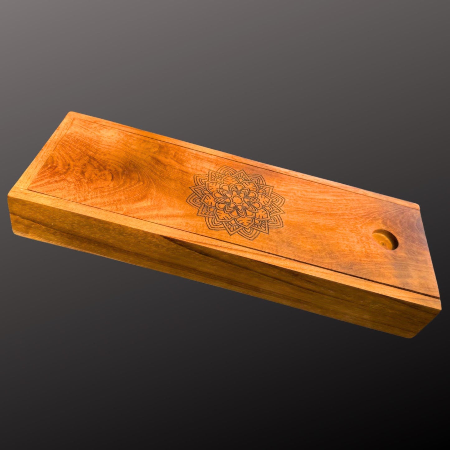 Teak Wood Incense Box with Ash Catcher: Balinese Mandala, Buddha, or Goddess