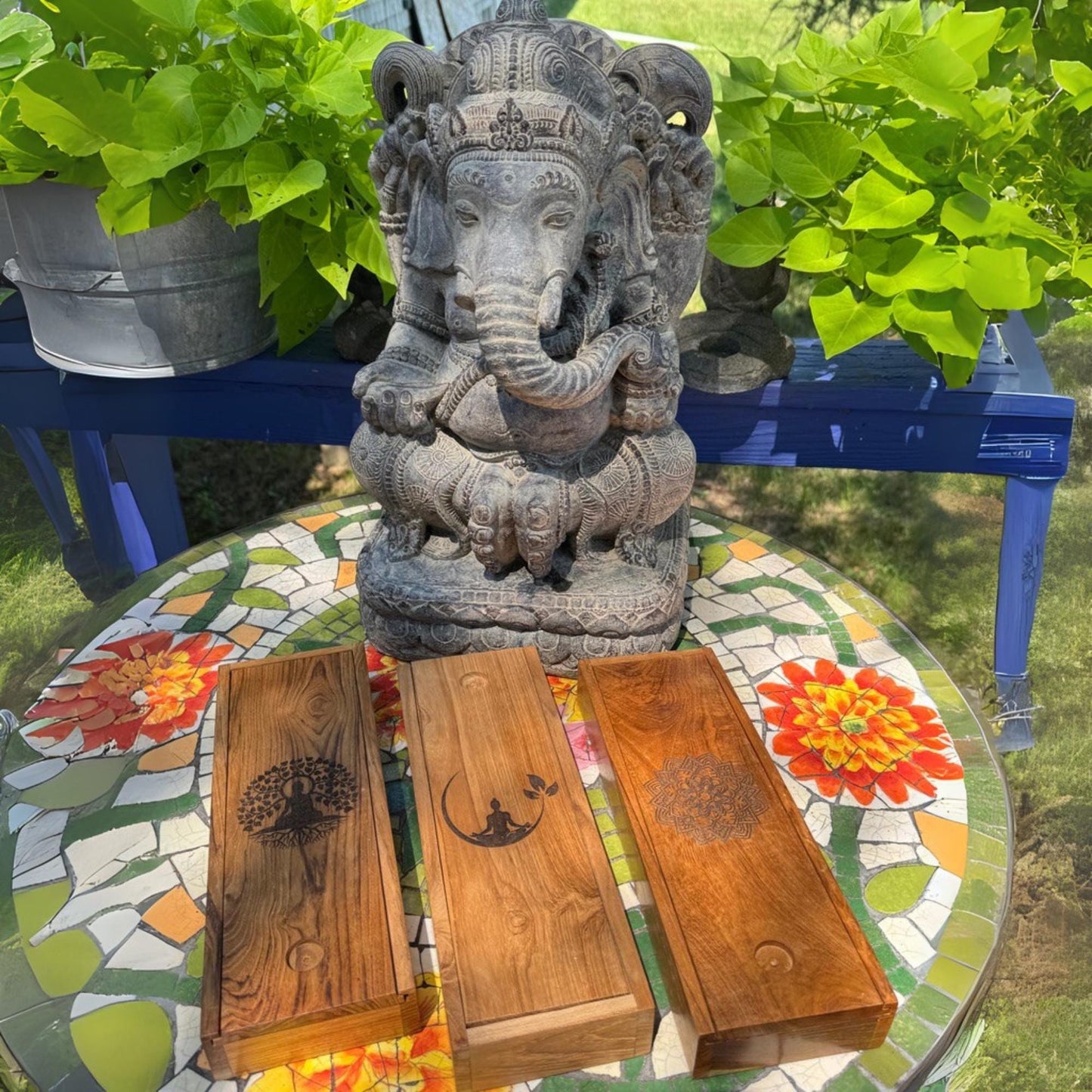 Teak Wood Incense Box with Ash Catcher: Balinese Mandala, Buddha, or Goddess