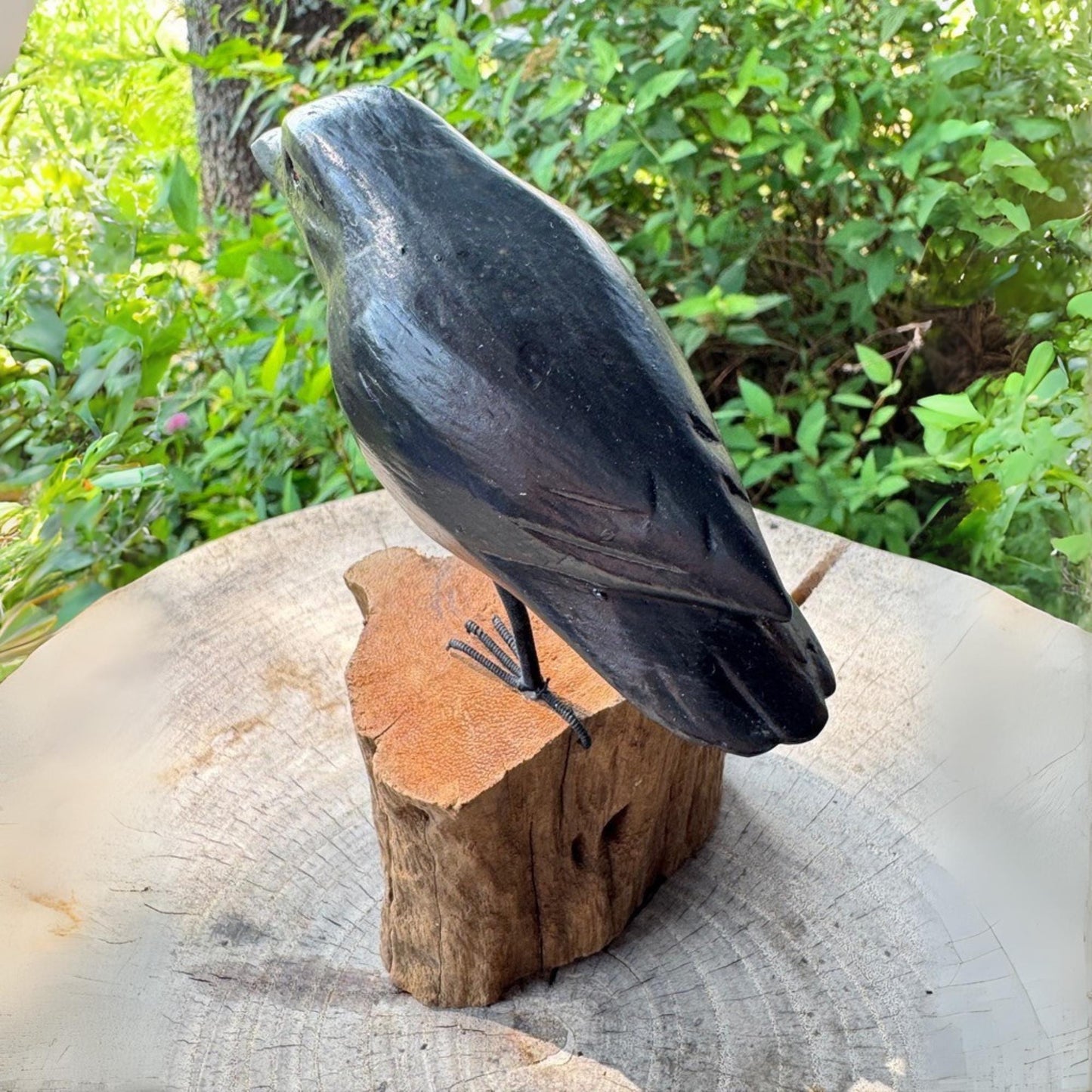 Hand Carved Crow Sculpture: Gothic Forest Bird Wood Statue
