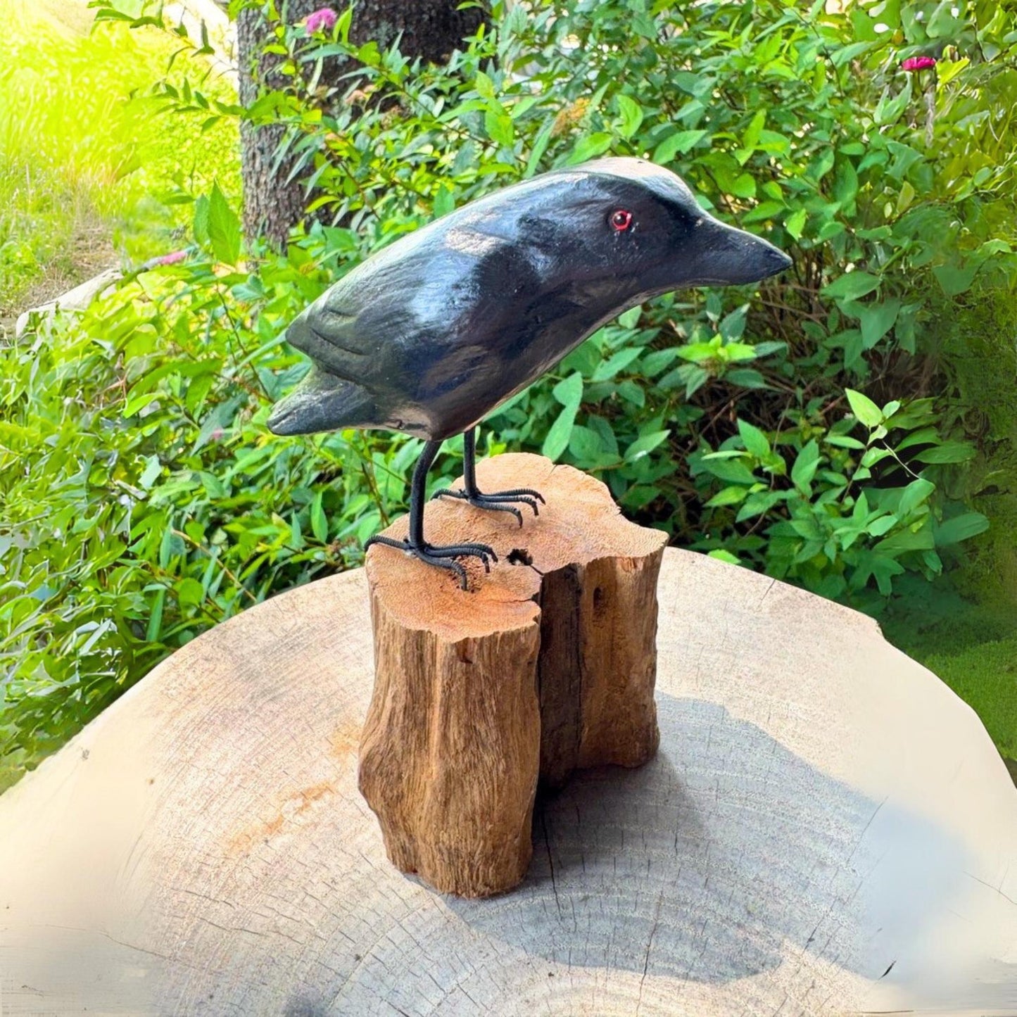 Hand Carved Crow Sculpture: Gothic Forest Bird Wood Statue