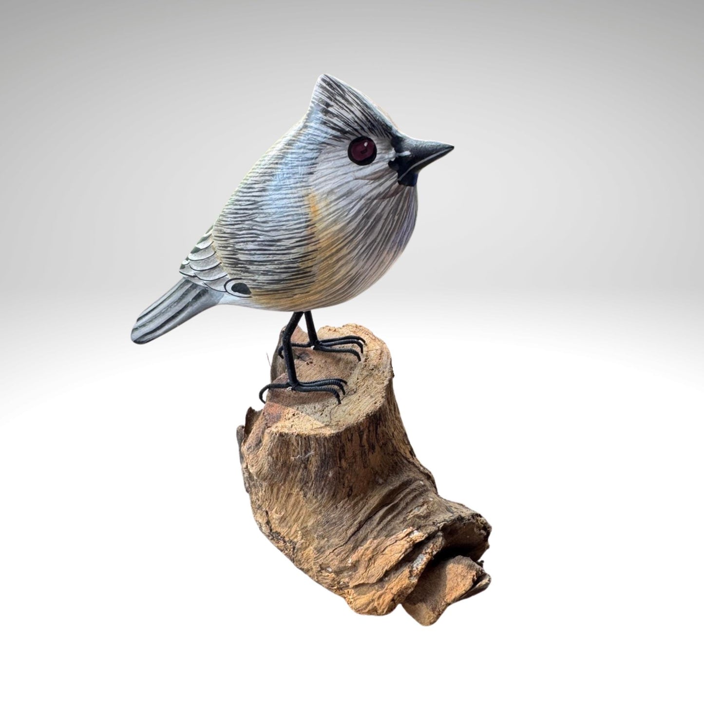 Hand Carved Tufted Titmouse Wood Sculpture: Bali Forest Bird Art