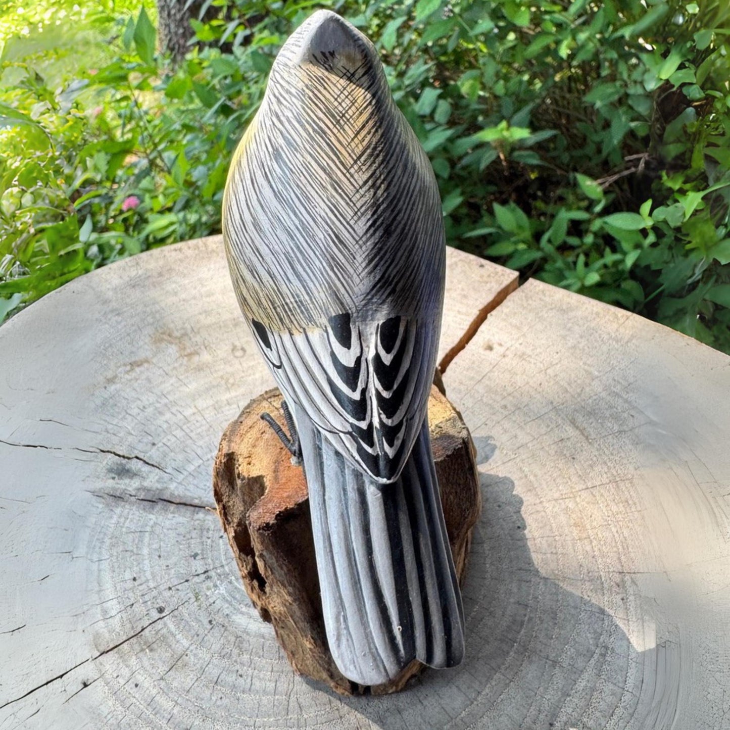 Hand Carved Tufted Titmouse Wood Sculpture: Bali Forest Bird Art