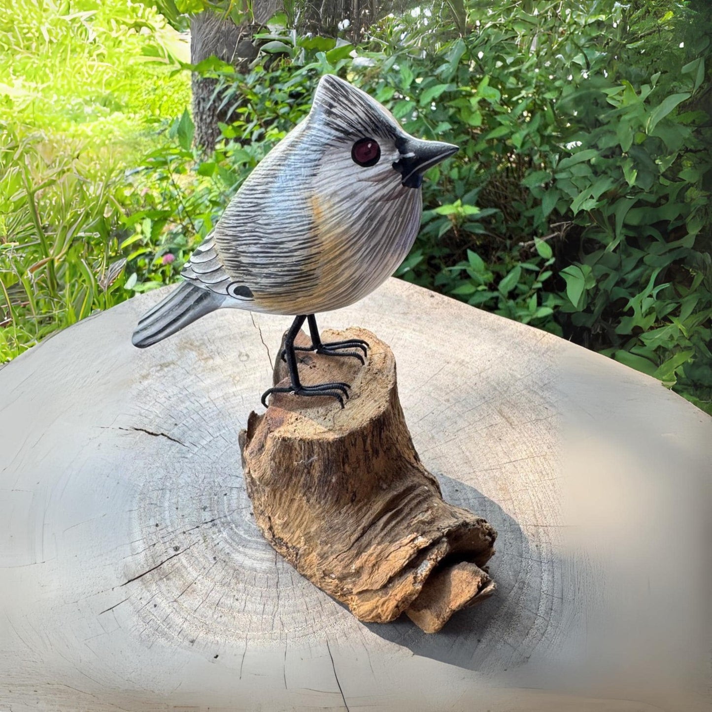 Hand Carved Tufted Titmouse Wood Sculpture: Bali Forest Bird Art