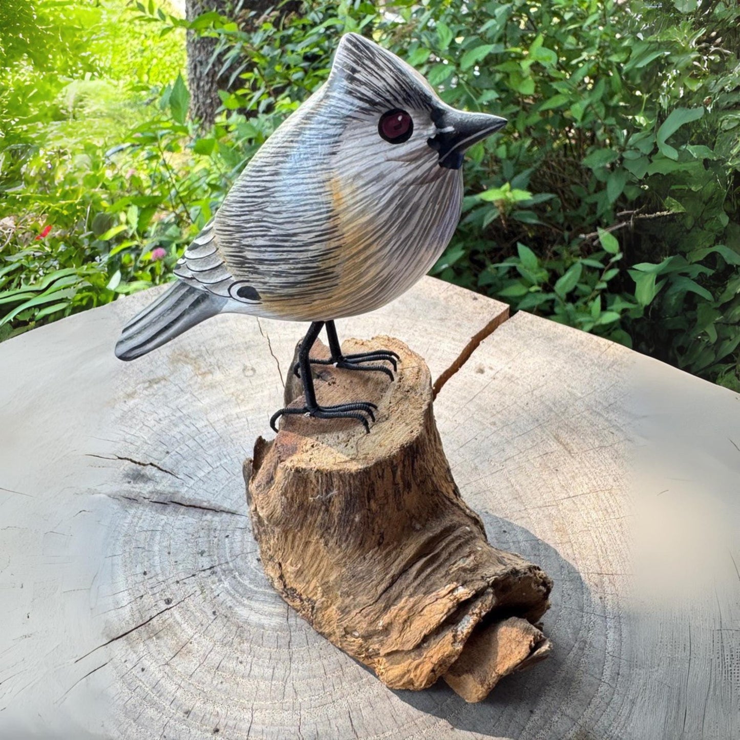 Hand Carved Tufted Titmouse Wood Sculpture: Bali Forest Bird Art