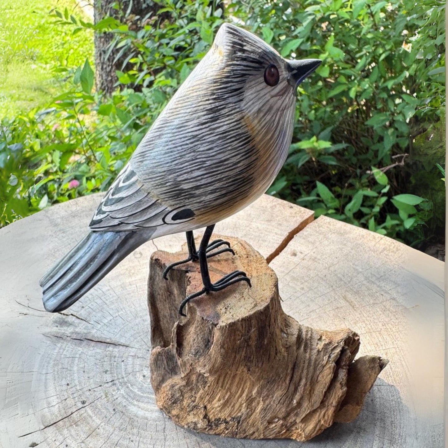 Hand Carved Tufted Titmouse Wood Sculpture: Bali Forest Bird Art