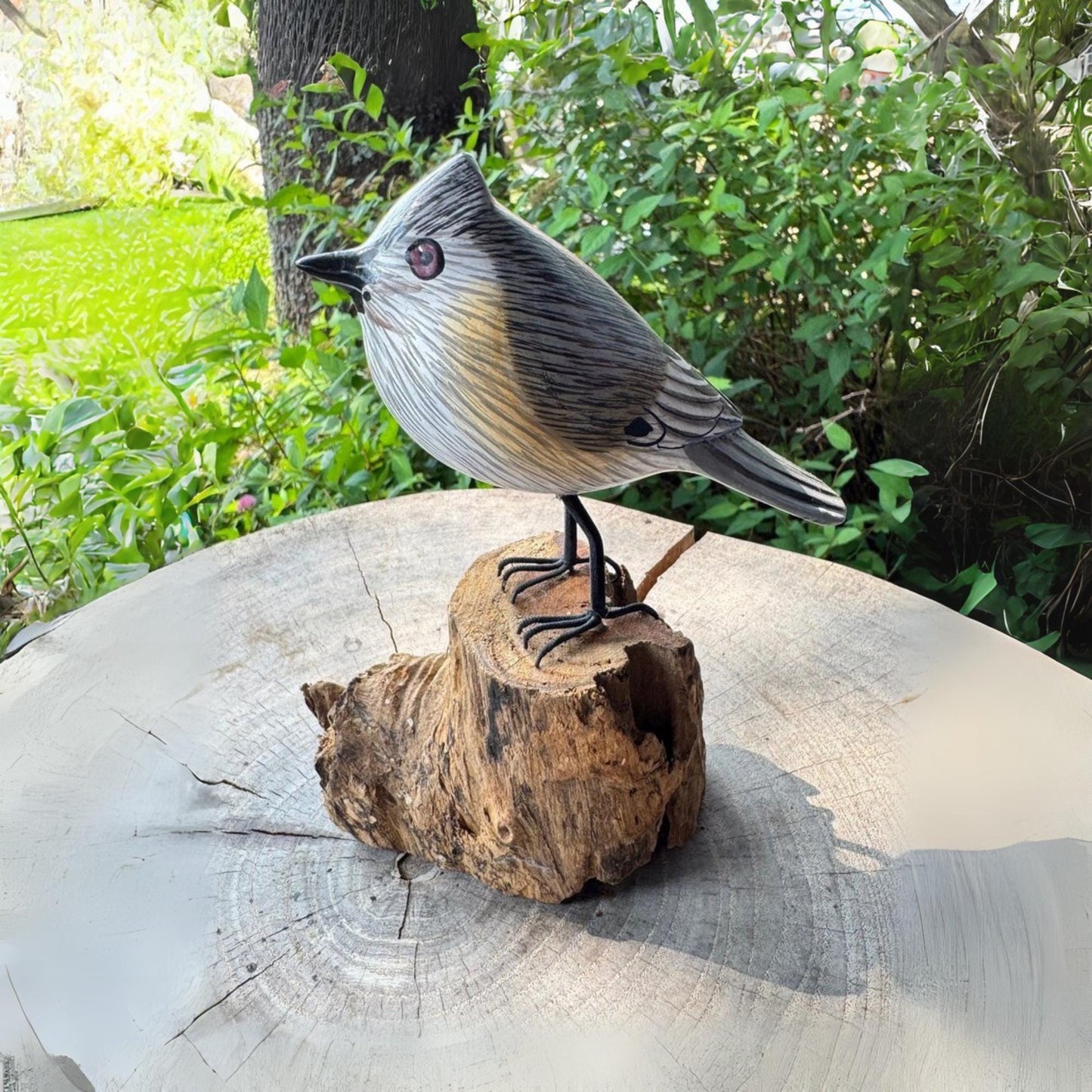 Hand Carved Tufted Titmouse Wood Sculpture: Bali Forest Bird Art