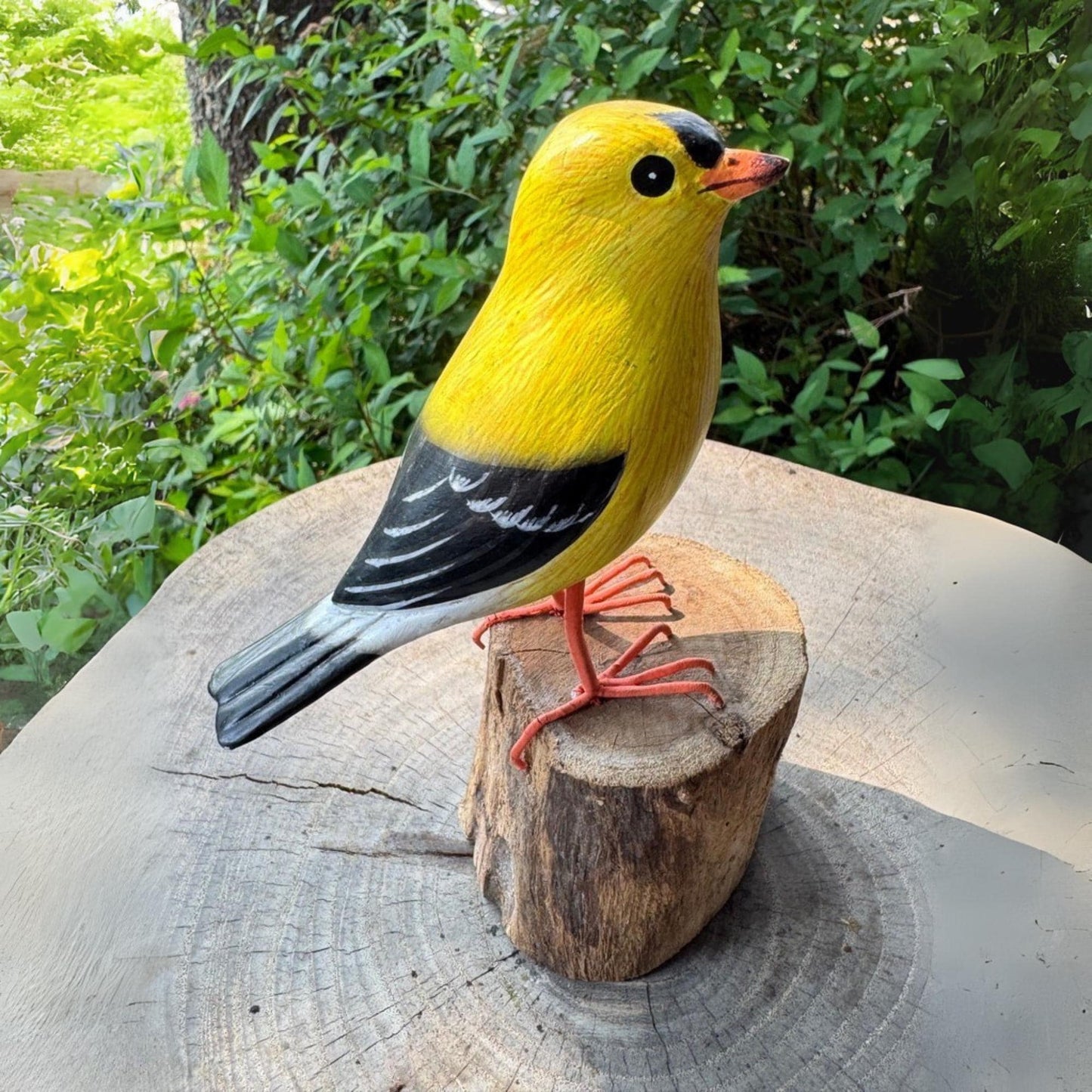Hand Carved Gold Finch Sculpture: Bali Wood Bird Art