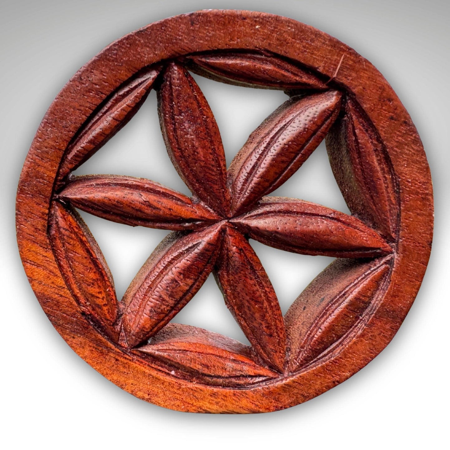 Hand Carved Balinese Wood Trivet: Boho Wall Art, Sacred Symbols 4"