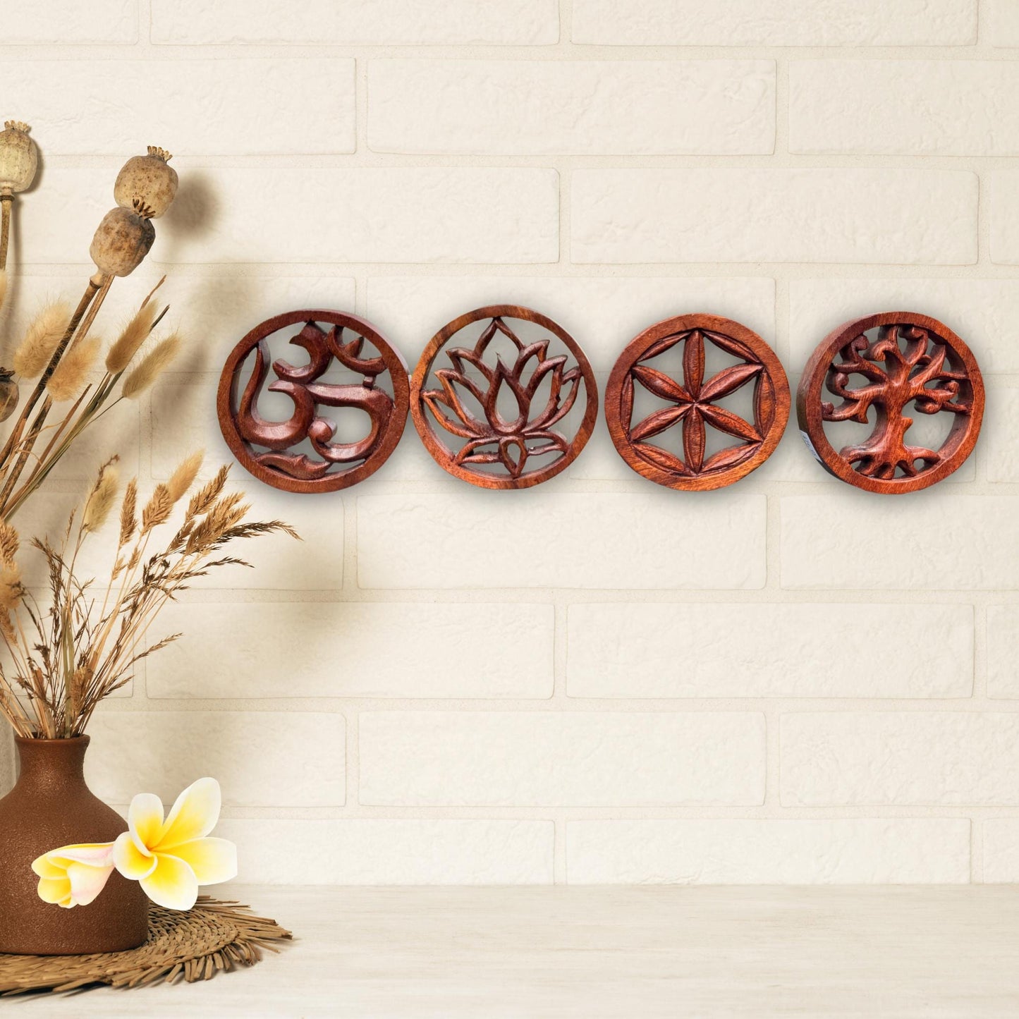 Hand Carved Balinese Wood Trivet: Boho Wall Art, Sacred Symbols 4"