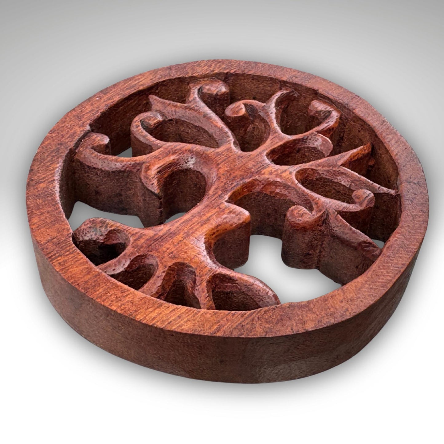 Hand Carved Balinese Wood Trivet: Boho Wall Art, Sacred Symbols 4"