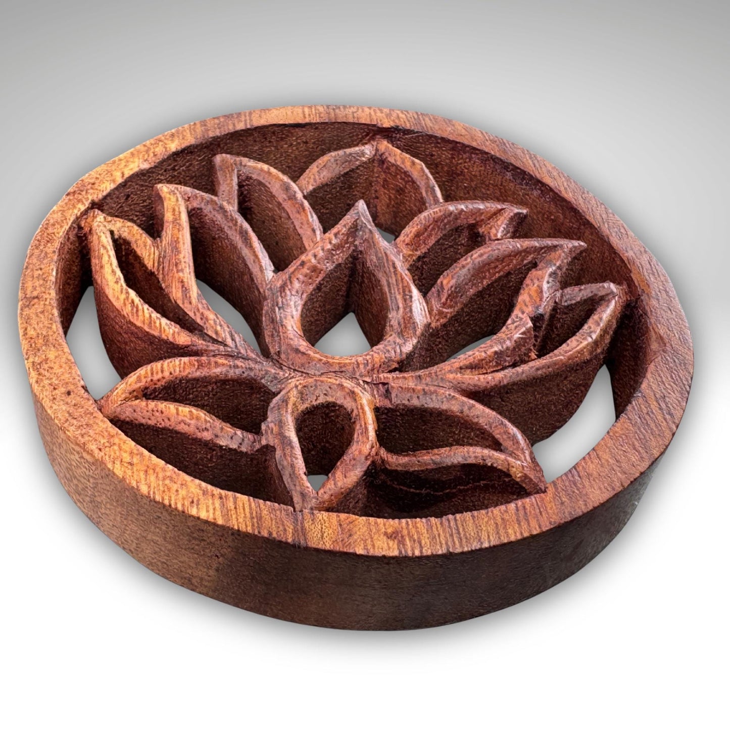 Hand Carved Balinese Wood Trivet: Boho Wall Art, Sacred Symbols 4"