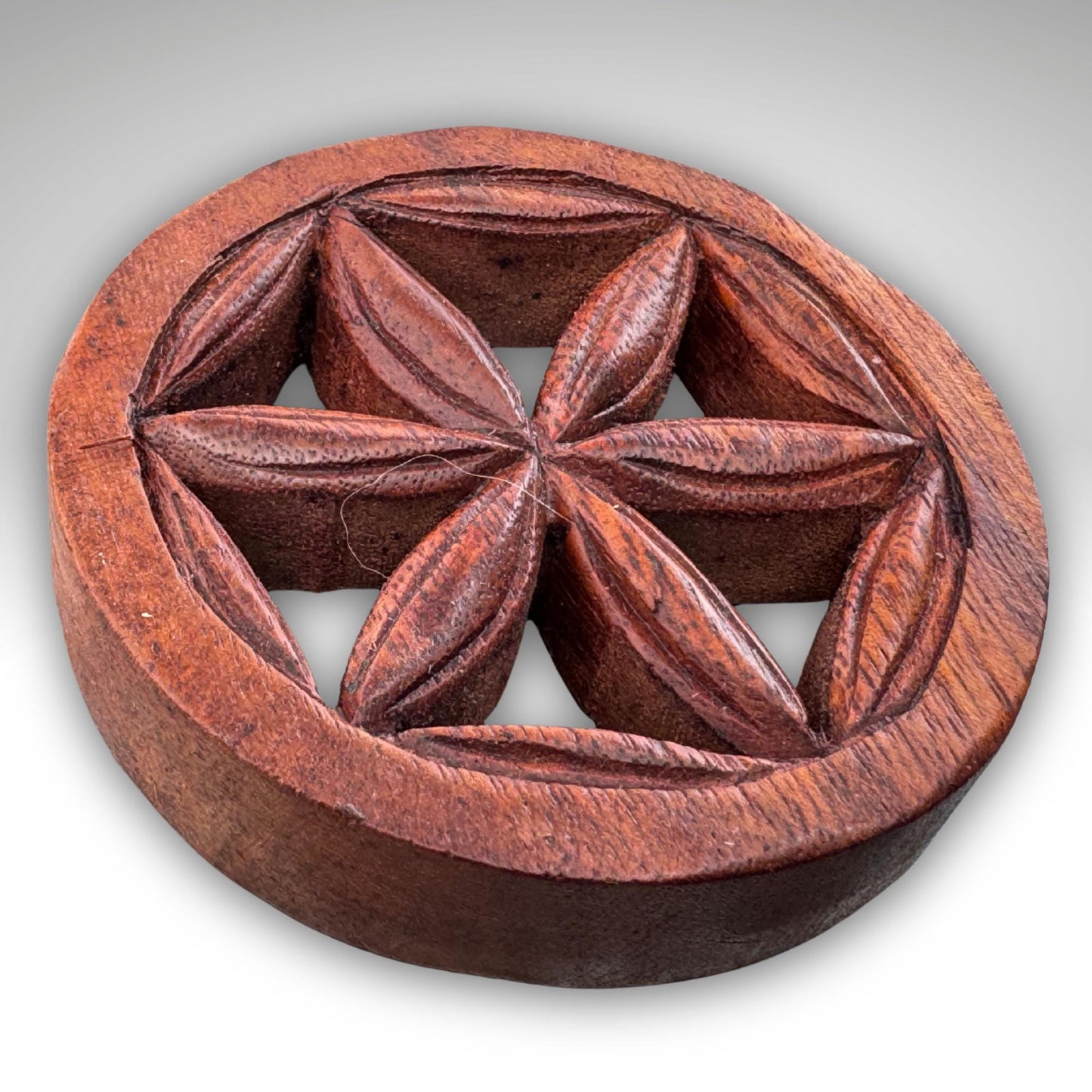 Hand Carved Balinese Wood Trivet: Boho Wall Art, Sacred Symbols 4"