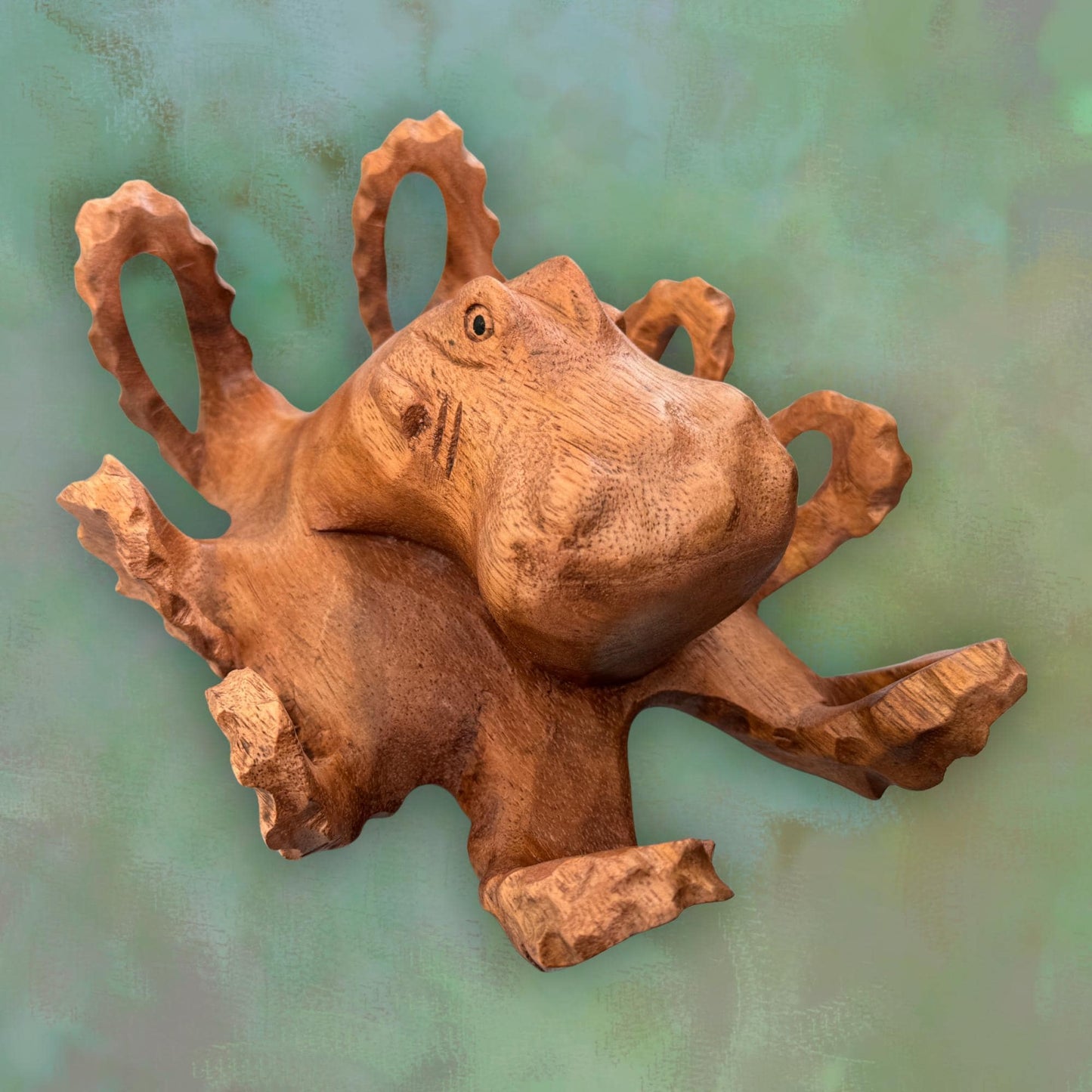 Hand Carved Suar Wood Octopus Sculpture: Balinese Nautical Decor 7”