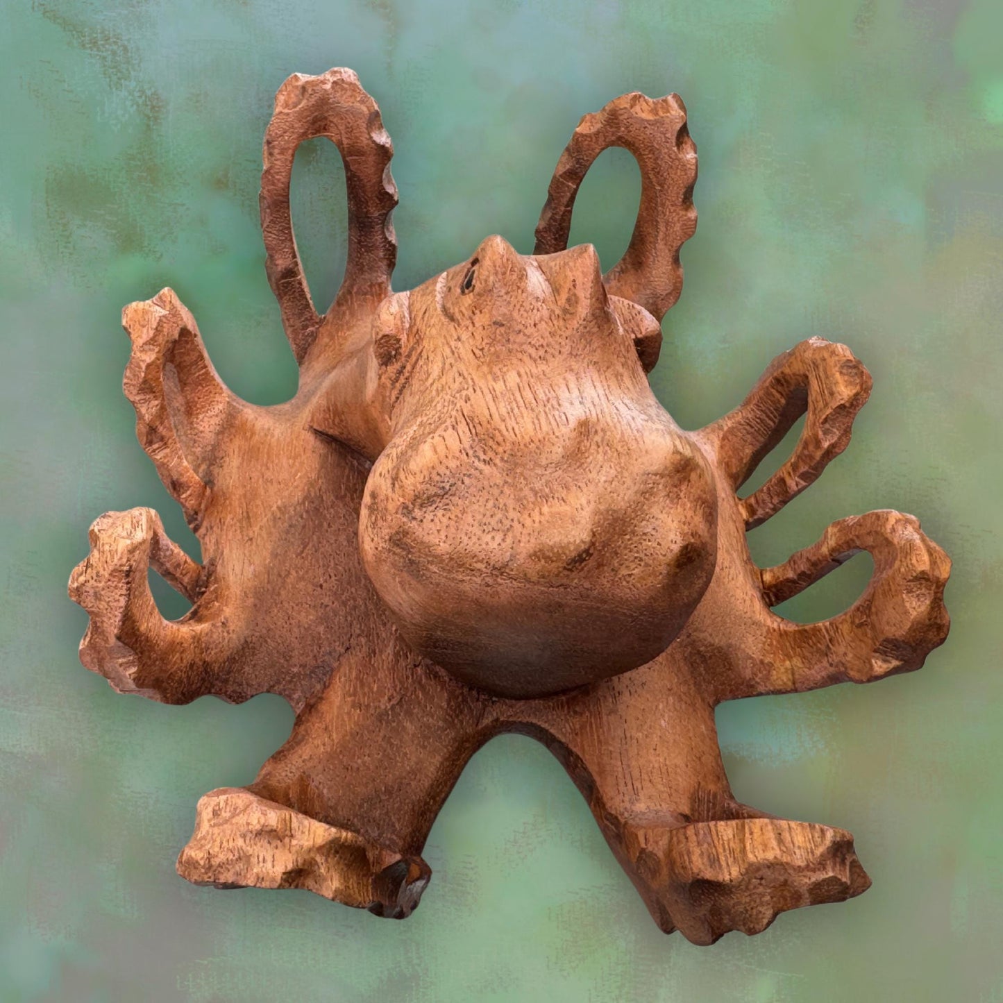 Hand Carved Suar Wood Octopus Sculpture: Balinese Nautical Decor 7”