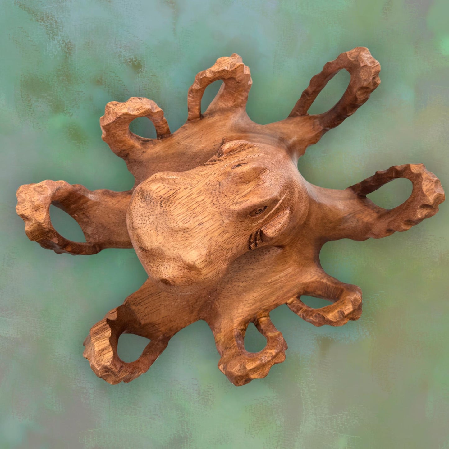 Hand Carved Suar Wood Octopus Sculpture: Balinese Nautical Decor 7”