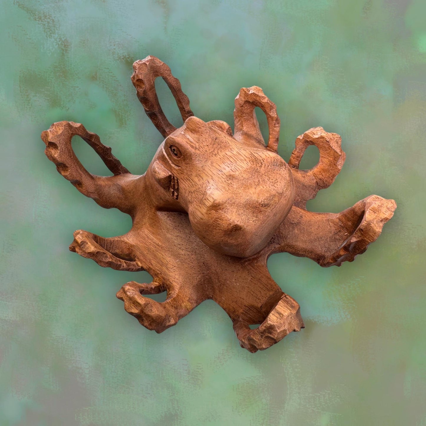 Hand Carved Suar Wood Octopus Sculpture: Balinese Nautical Decor 7”
