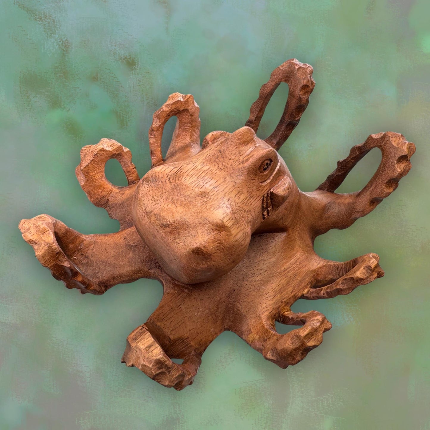 Hand Carved Suar Wood Octopus Sculpture: Balinese Nautical Decor 7”