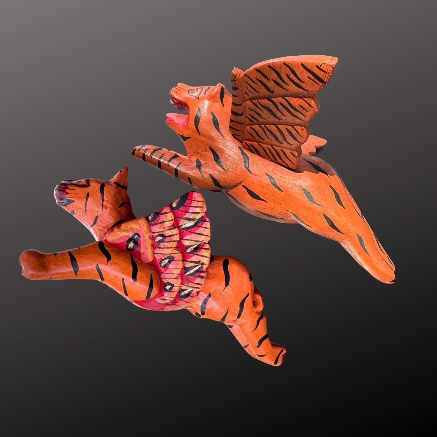 Winged Tiger Cat Spiritchaser Ornament Set - Hand Carved Wood Balinese Folk Art