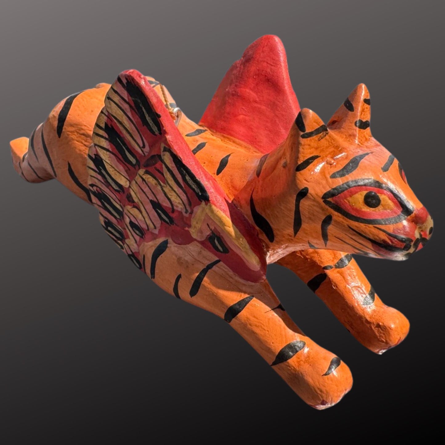 Winged Tiger Cat Spiritchaser Ornament Set - Hand Carved Wood Balinese Folk Art