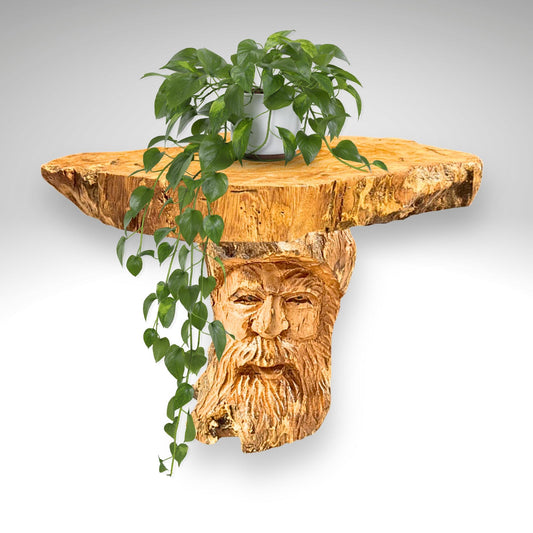 Hand Carved Wood Spirit Plant Stand: Rustic Cottagecore Sculpture - Acadia World Traders