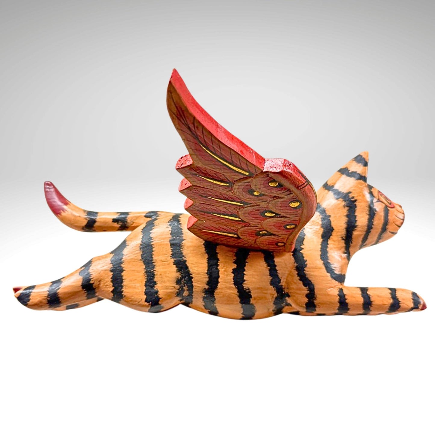 Winged Tan Striped Tiger Cat Mobile Flying Demon Chaser Carved Wood Balinese Folk Art
