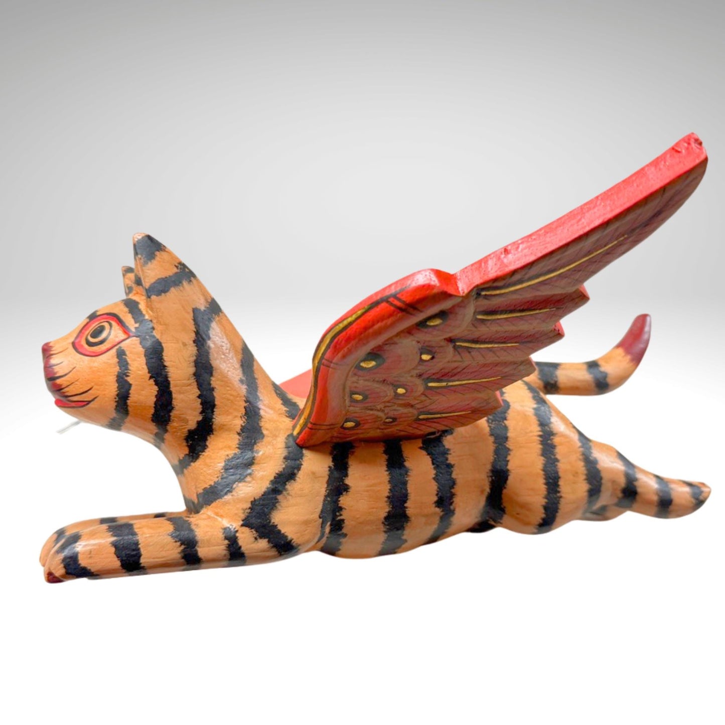 Winged Tan Striped Tiger Cat Mobile Flying Demon Chaser Carved Wood Balinese Folk Art