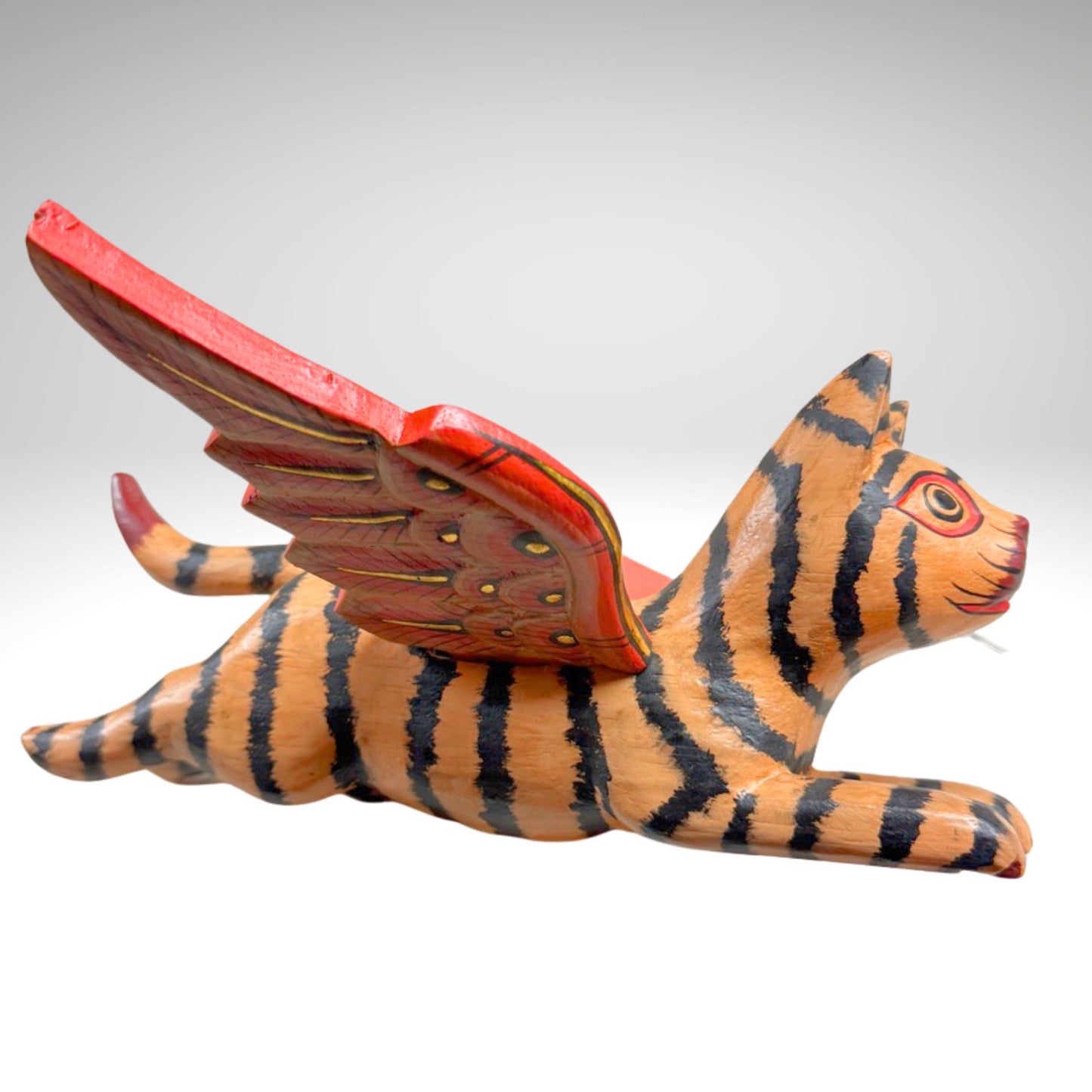 Winged Tan Striped Tiger Cat Mobile Flying Demon Chaser Carved Wood Balinese Folk Art