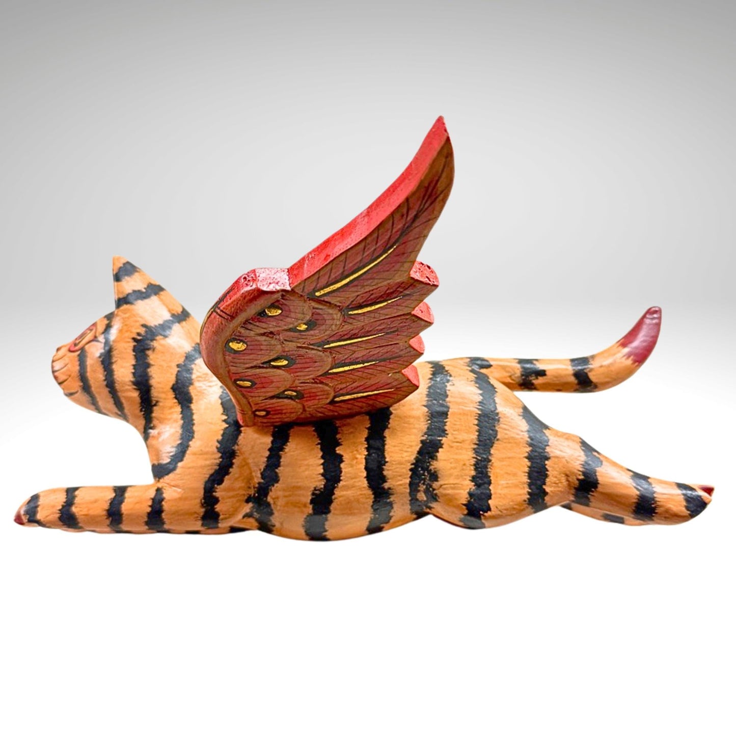 Winged Tan Striped Tiger Cat Mobile Flying Demon Chaser Carved Wood Balinese Folk Art