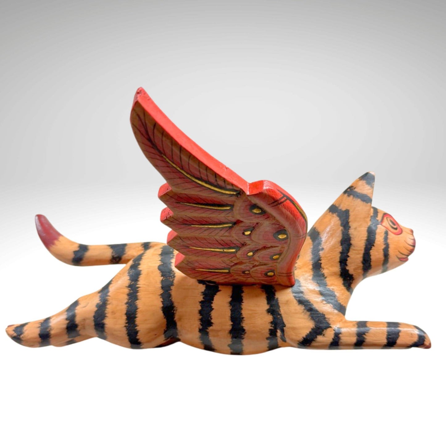 Winged Tan Striped Tiger Cat Mobile Flying Demon Chaser Carved Wood Balinese Folk Art