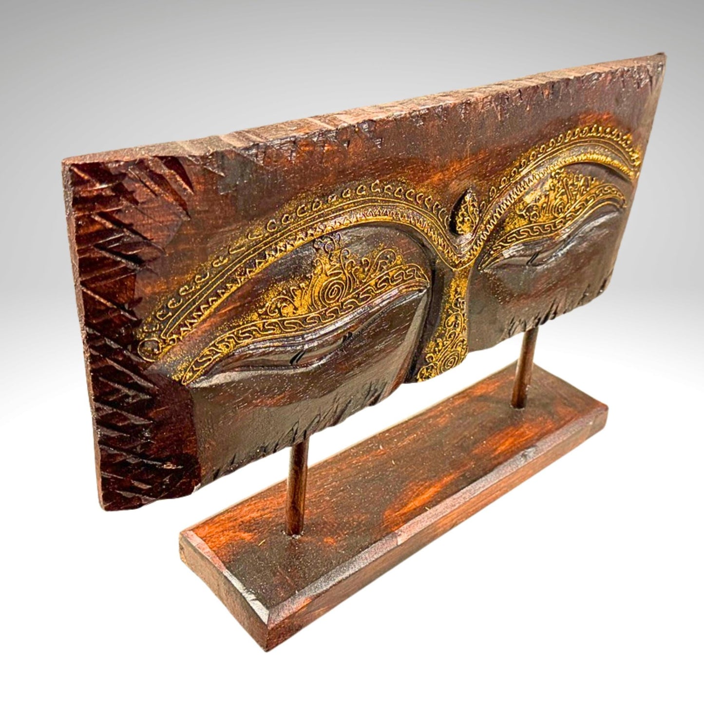 Eyes of Buddha Hand Carved Wood Statue Art Panel Sculpture Brown  Balinese Art