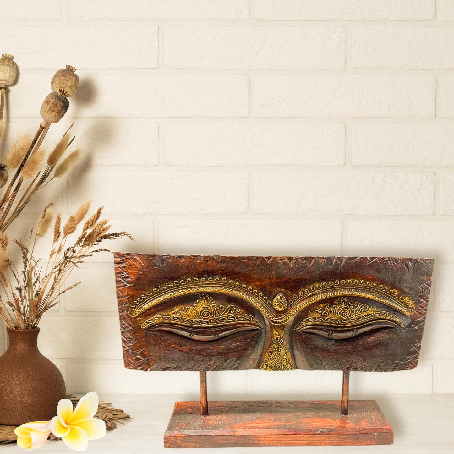 Eyes of Buddha Hand Carved Wood Statue Art Panel Sculpture Brown  Balinese Art