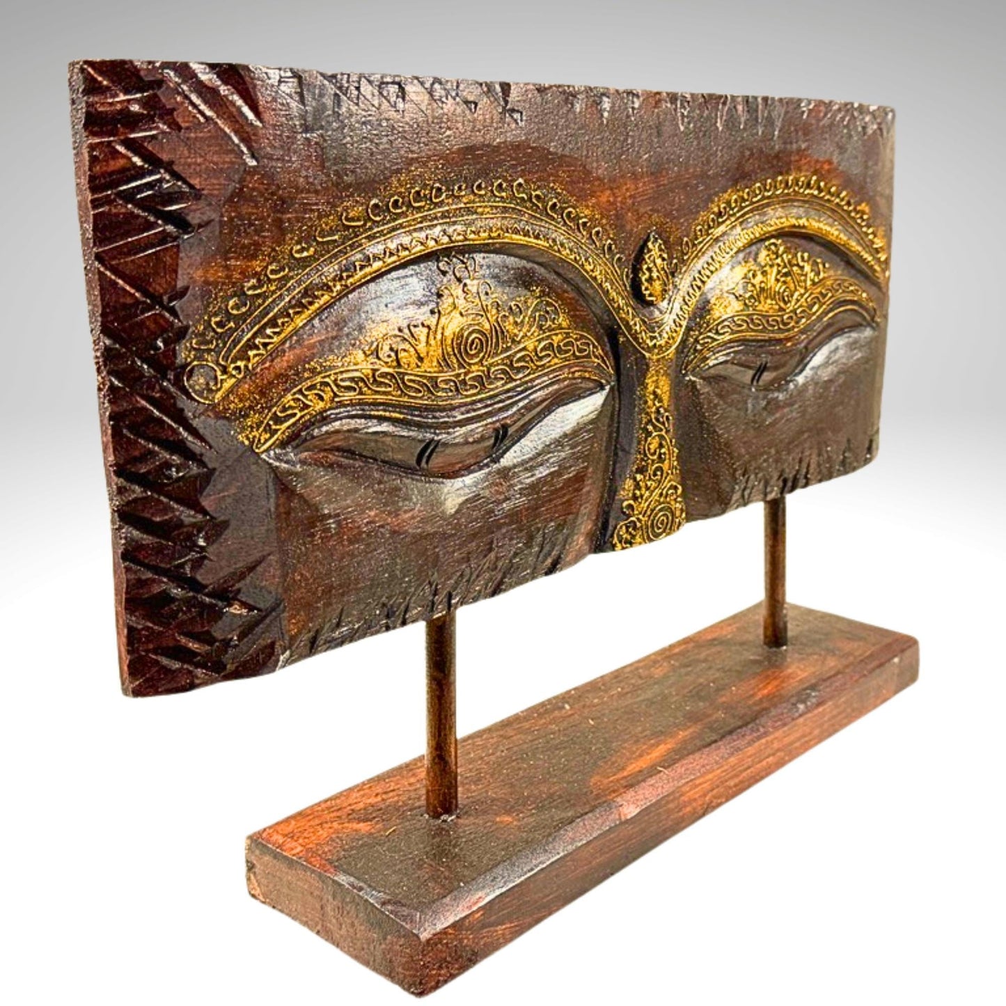Eyes of Buddha Hand Carved Wood Statue Art Panel Sculpture Brown  Balinese Art
