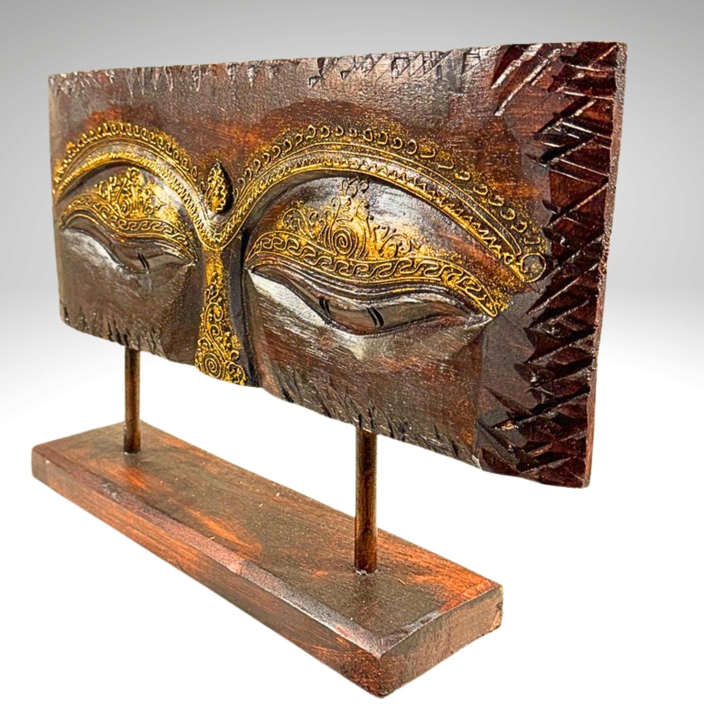 Eyes of Buddha Hand Carved Wood Statue Art Panel Sculpture Brown  Balinese Art
