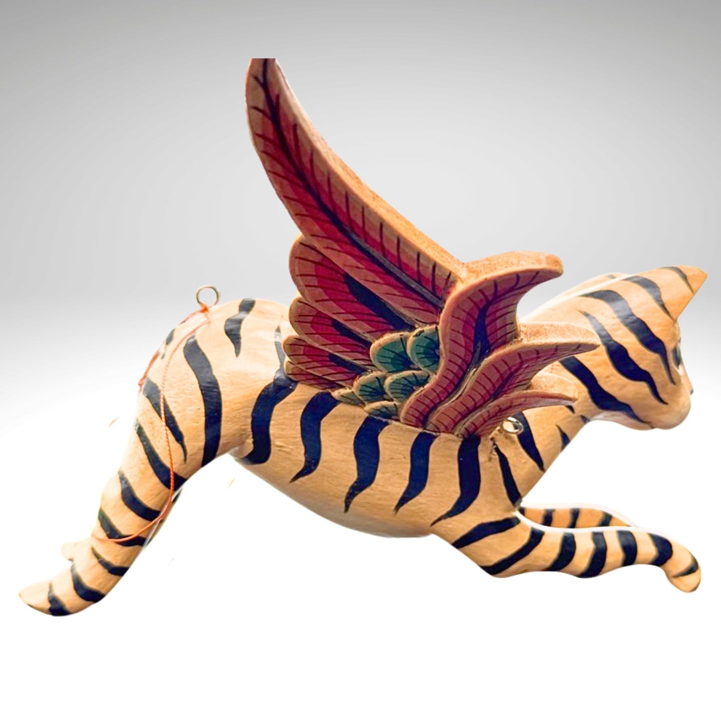 Winged Striped Flying Tiger Cat Mobile Demon Chaser Carved Wood Balinese Folk Art
