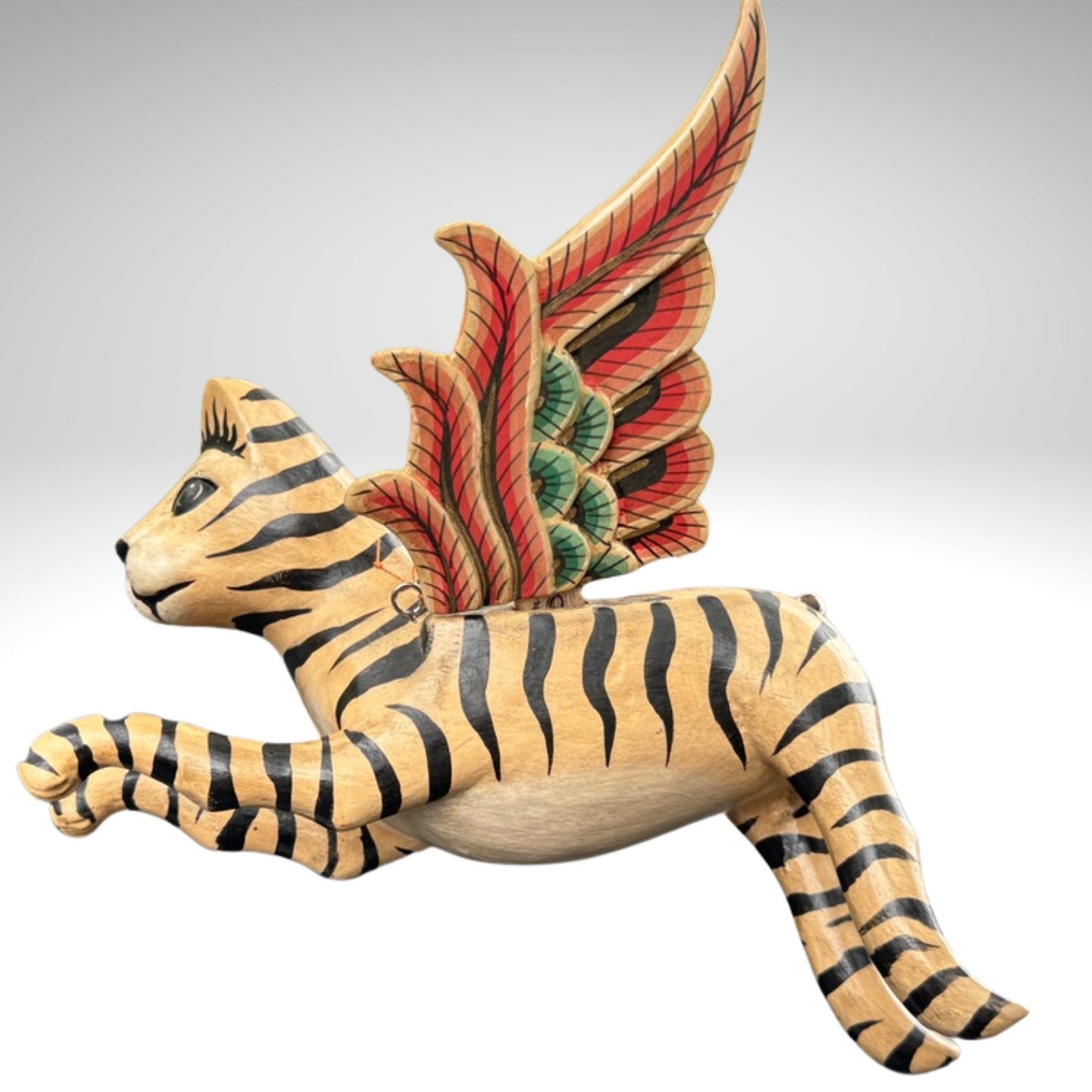 Winged Striped Flying Tiger Cat Mobile Demon Chaser Carved Wood Balinese Folk Art