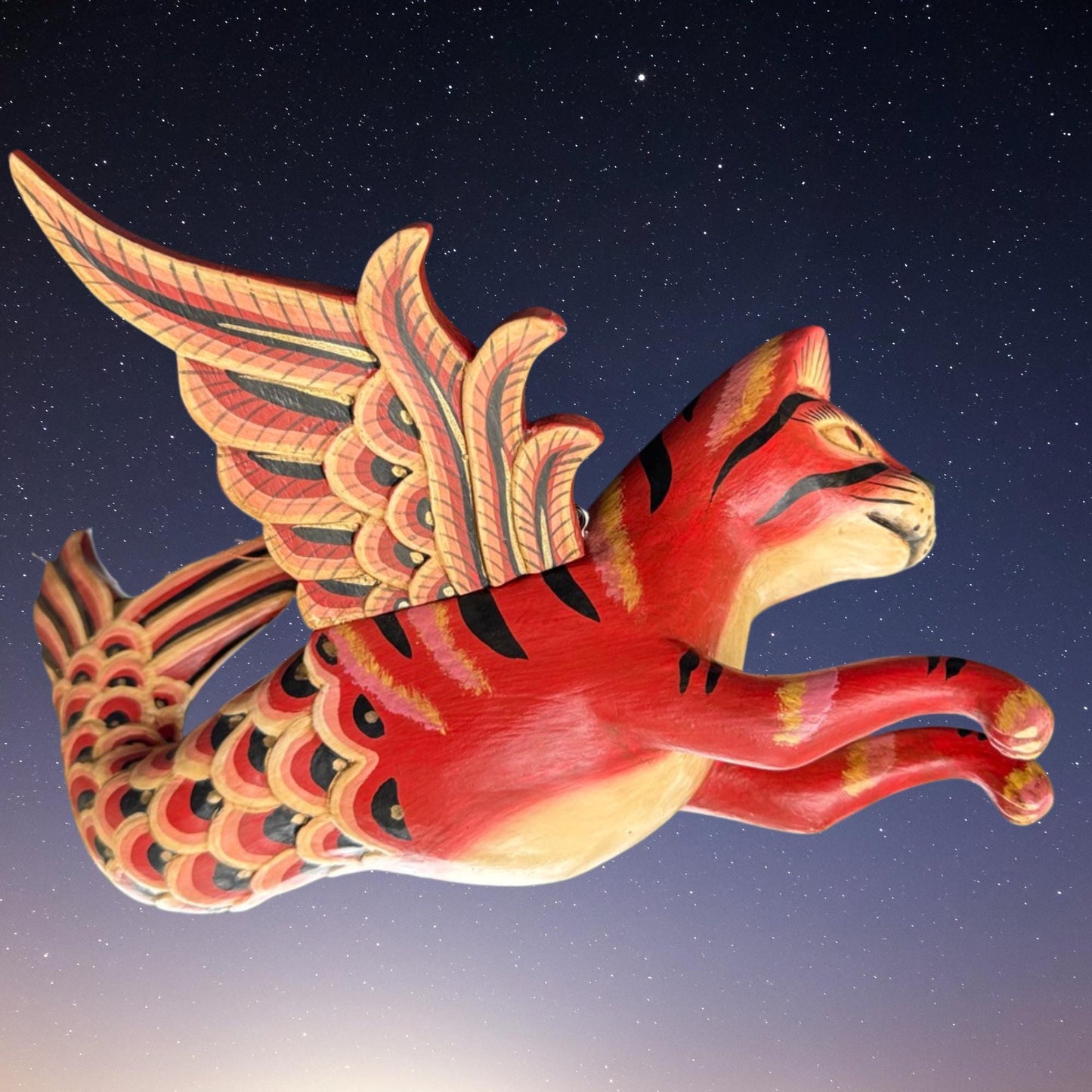 Hand Carved Winged Mermaid Cat Mobile: Balinese Spirit Guardian