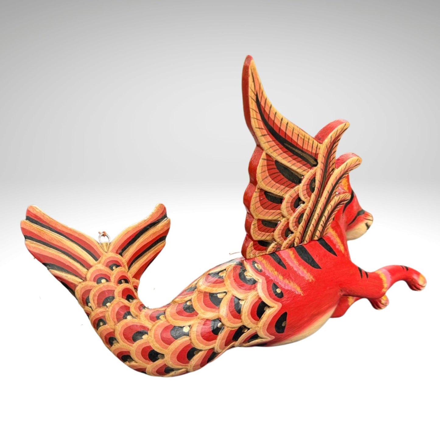 Hand Carved Winged Mermaid Cat Mobile: Balinese Spirit Guardian
