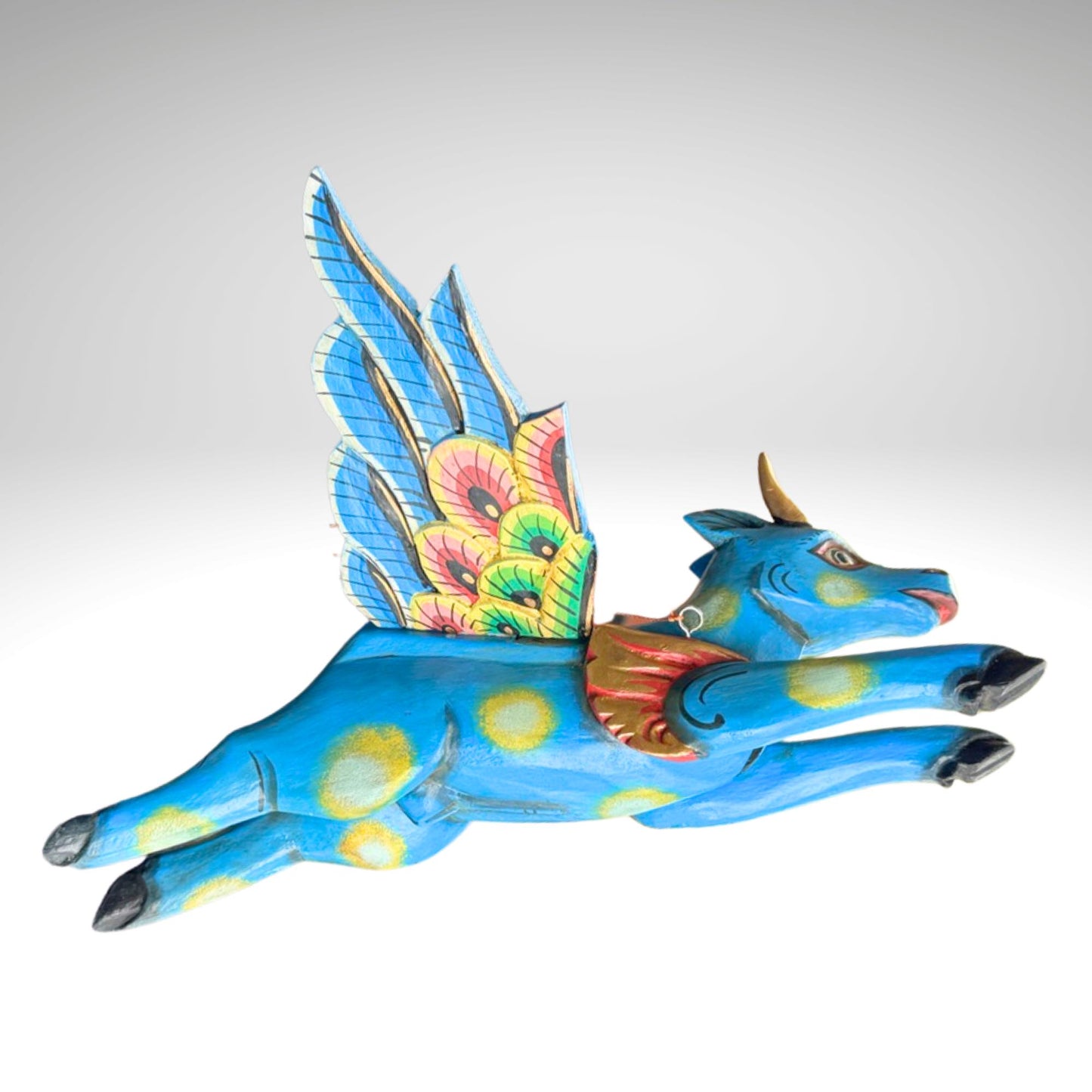 Flying Nandi Bull Balinese Spirit Chaser Mobile: Hand-Carved Wood Boho Decor, Folk Art