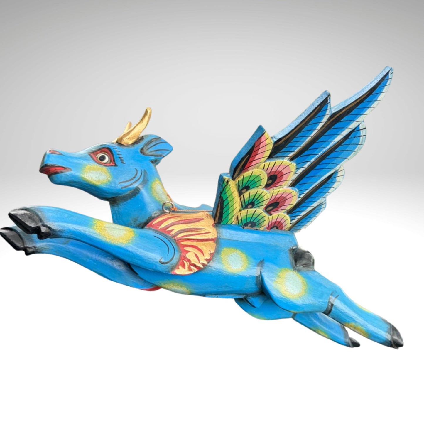 Flying Nandi Bull Balinese Spirit Chaser Mobile: Hand-Carved Wood Boho Decor, Folk Art