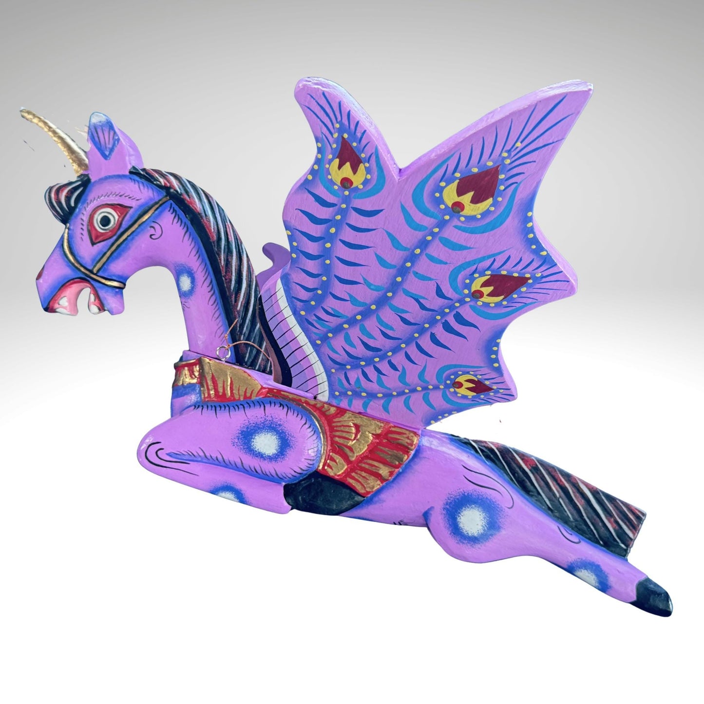 Hand Carved Balinese Unicorn Spirit chaser  Mobile: Purple Flying Horse Wood Carving