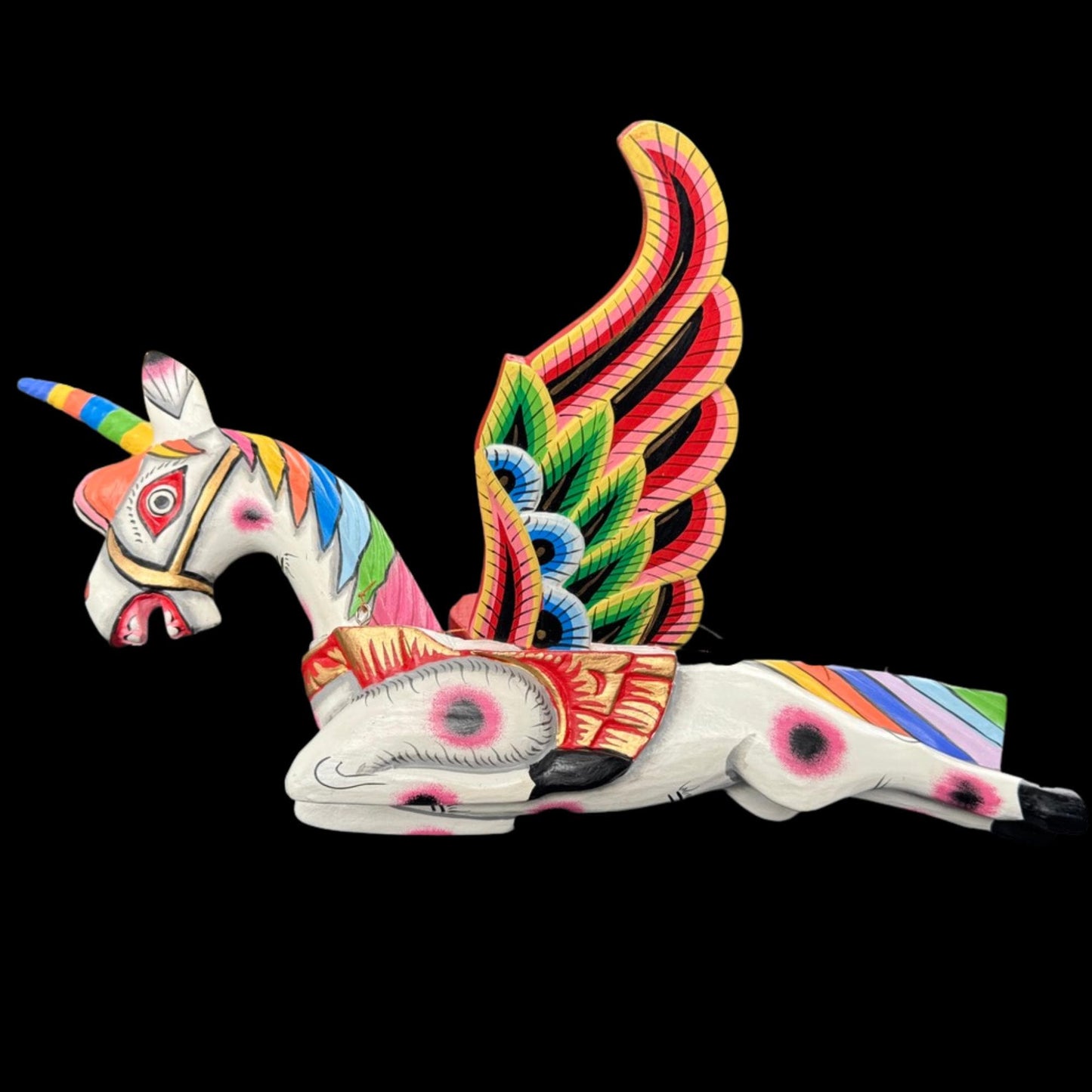 Hand Carved Winged Unicorn Balinese Spirit Chaser Mobile: Rainbow Folk Art