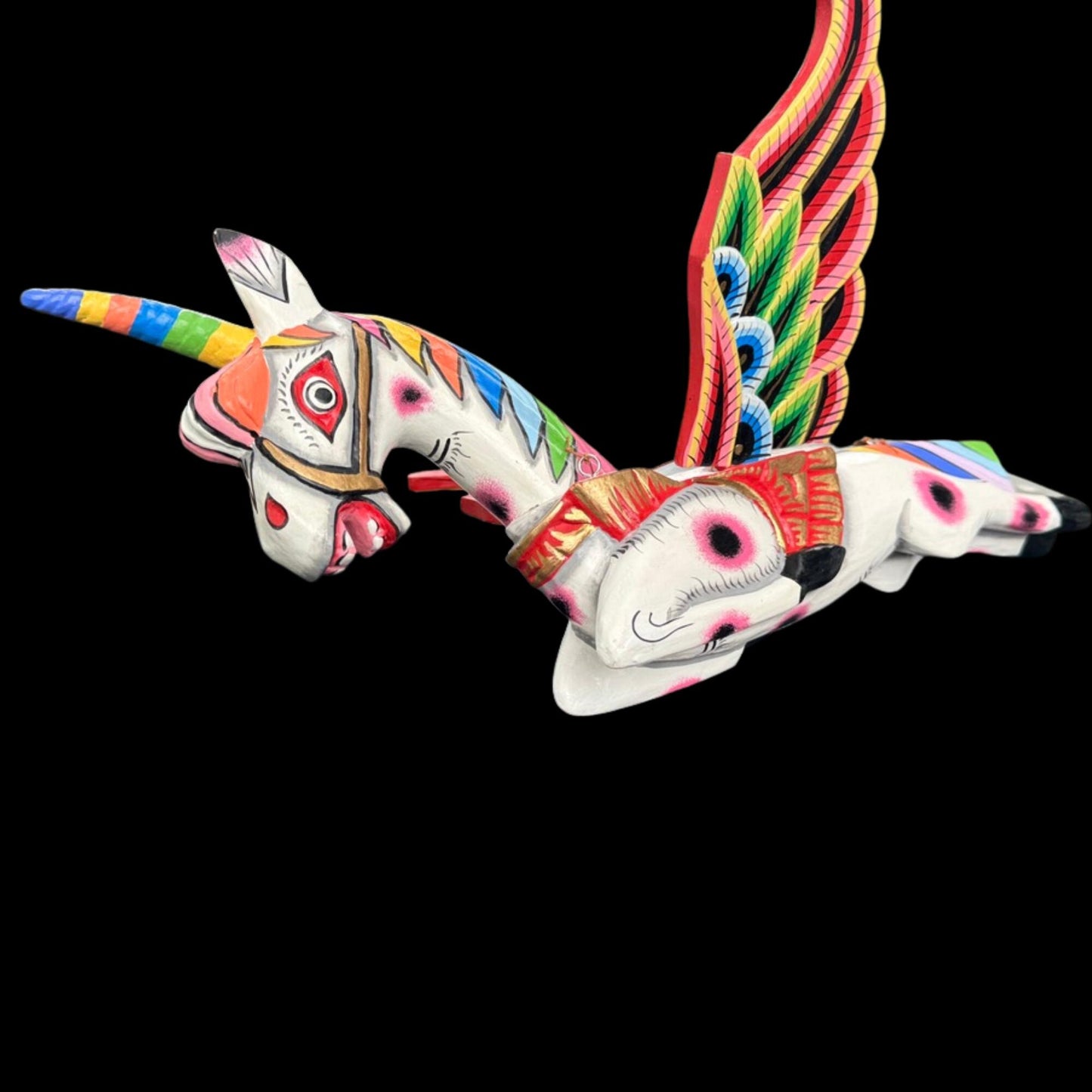 Hand Carved Winged Unicorn Balinese Spirit Chaser Mobile: Rainbow Folk Art