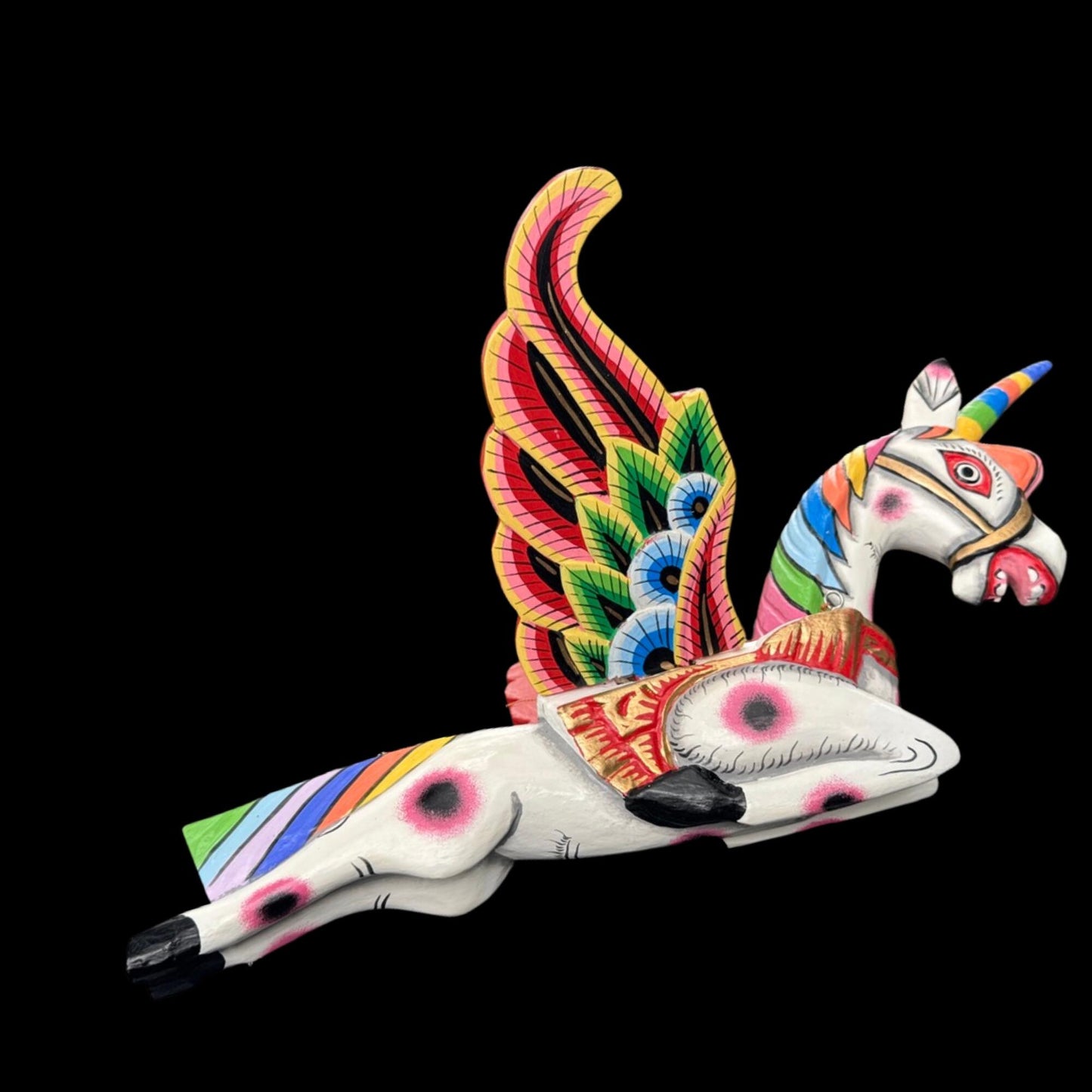 Hand Carved Winged Unicorn Balinese Spirit Chaser Mobile: Rainbow Folk Art