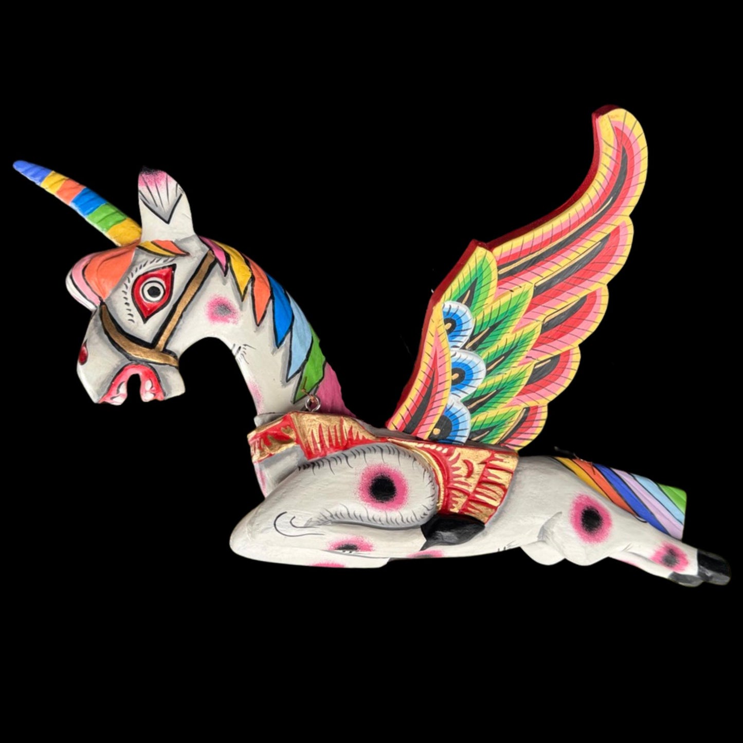 Hand Carved Winged Unicorn Balinese Spirit Chaser Mobile: Rainbow Folk Art