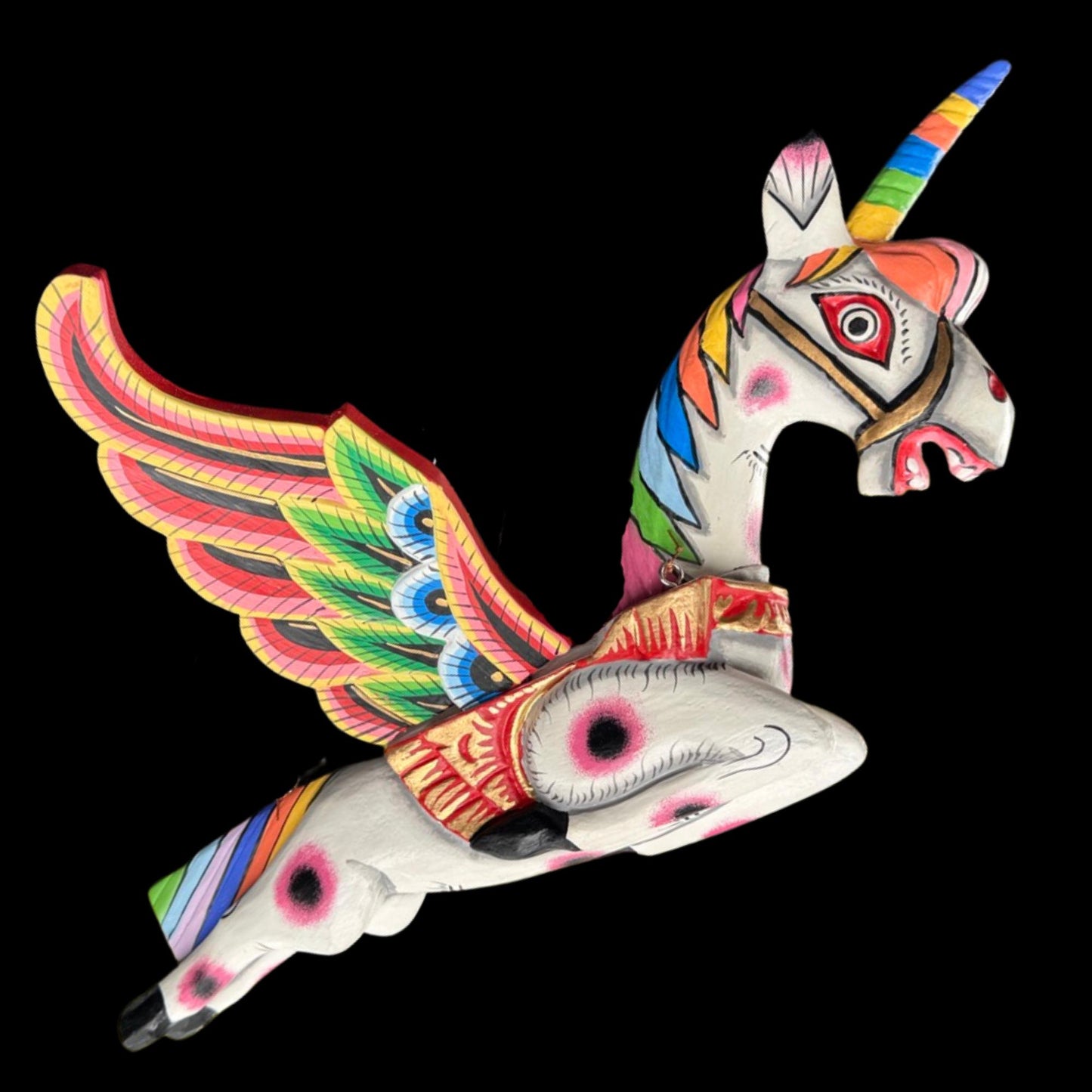 Hand Carved Winged Unicorn Balinese Spirit Chaser Mobile: Rainbow Folk Art