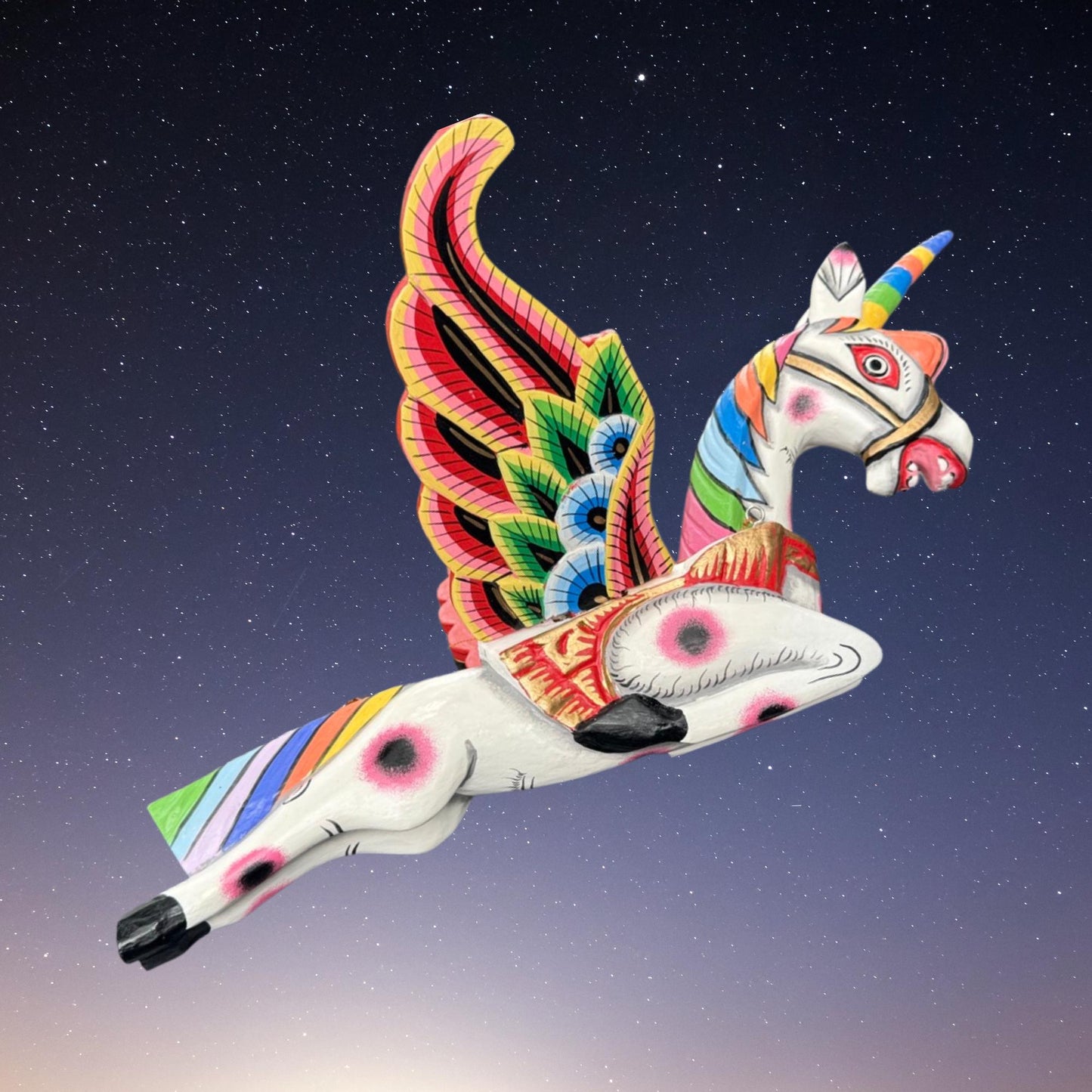 Hand Carved Winged Unicorn Balinese Spirit Chaser Mobile: Rainbow Folk Art