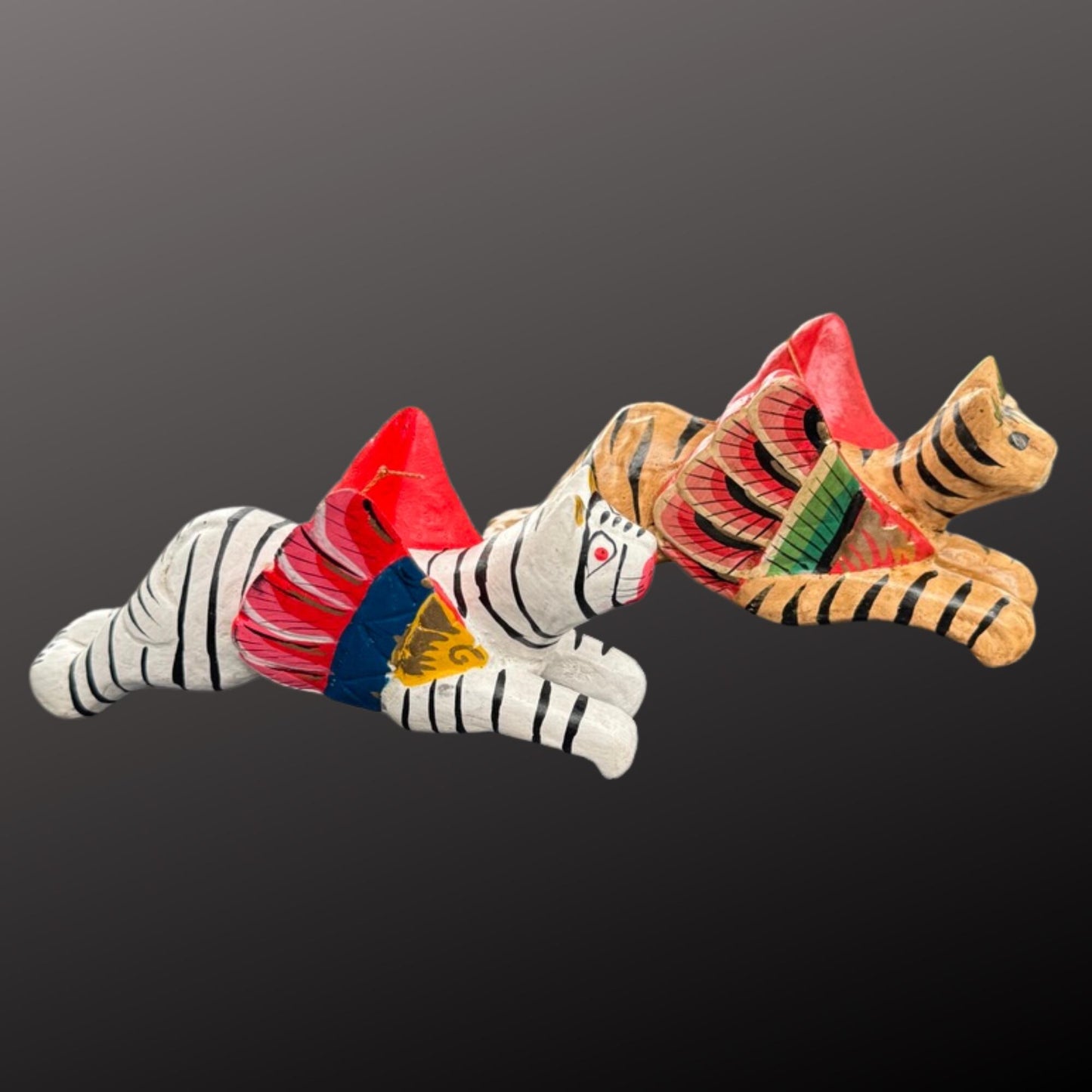Hand Carved Winged Tabby Cat Ornament: Balinese Folk Art Set