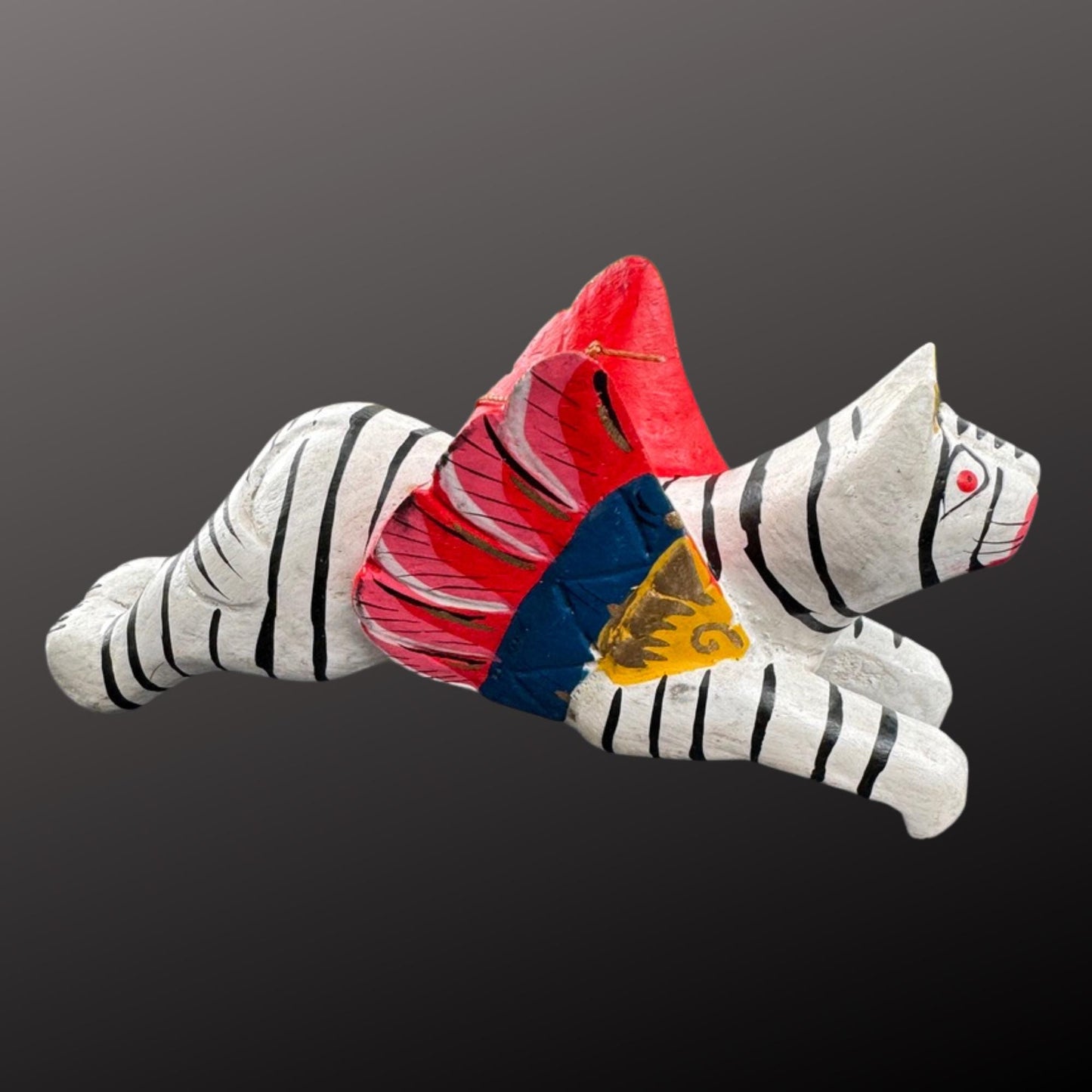 Hand Carved Winged Tabby Cat Ornament: Balinese Folk Art Set