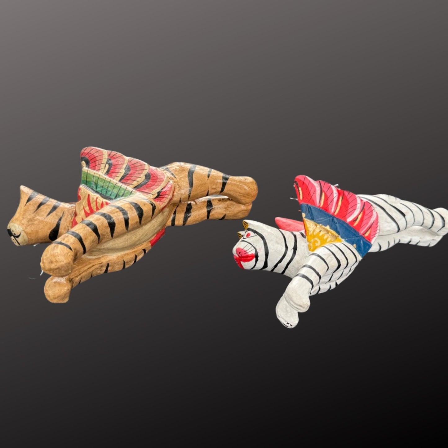 Hand Carved Winged Tabby Cat Ornament: Balinese Folk Art Set
