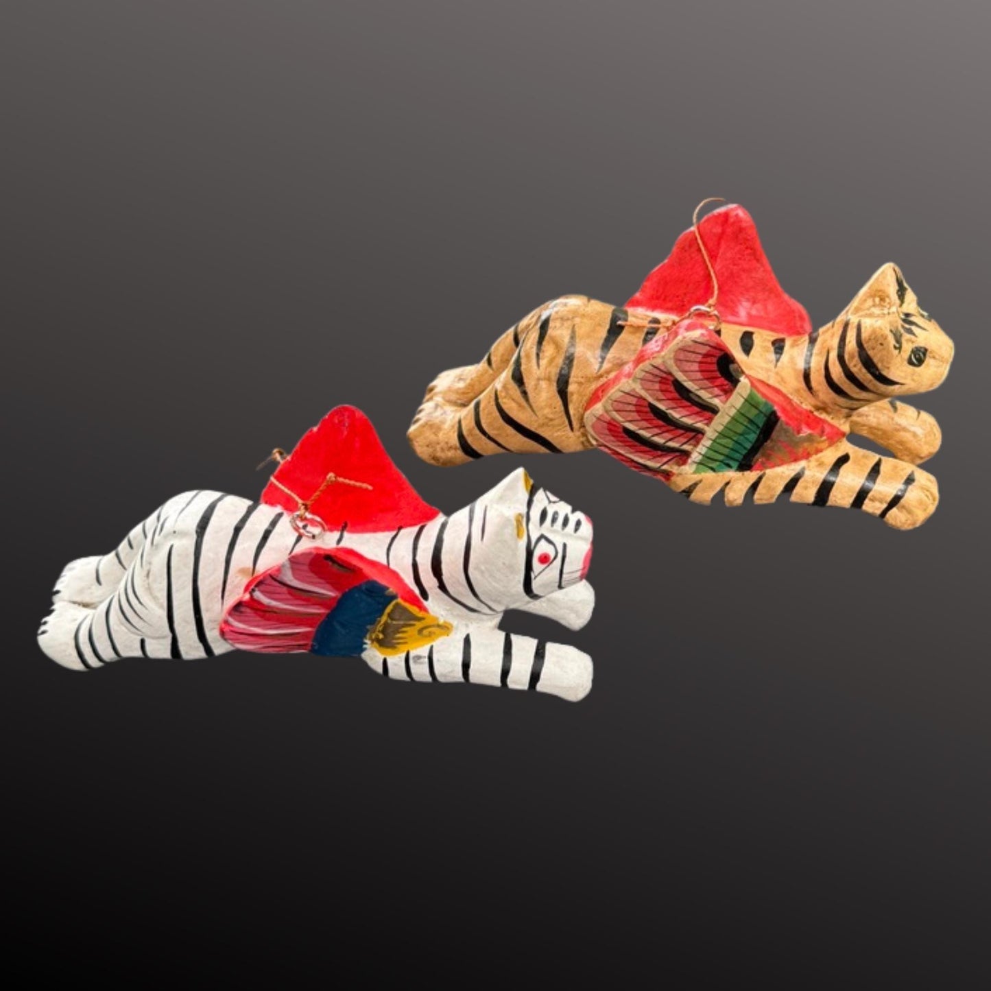 Hand Carved Winged Tabby Cat Ornament: Balinese Folk Art Set